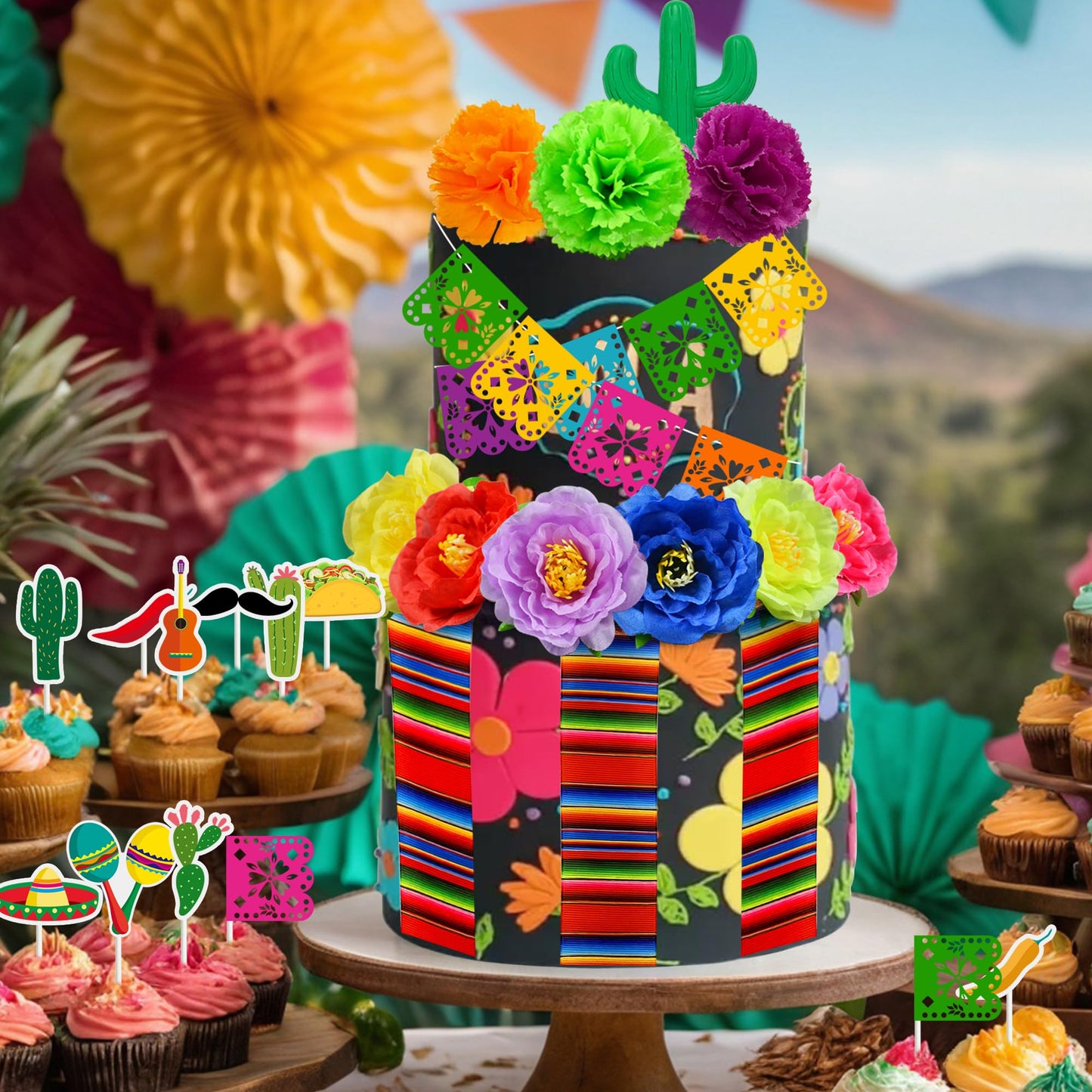 33 PCS Mexican Fiesta Cake Topper Mini Mexican Papel Picado Banner Cactus Pepper Sombrero and Flower Cake Decor for Mexican Themed Party Decorations