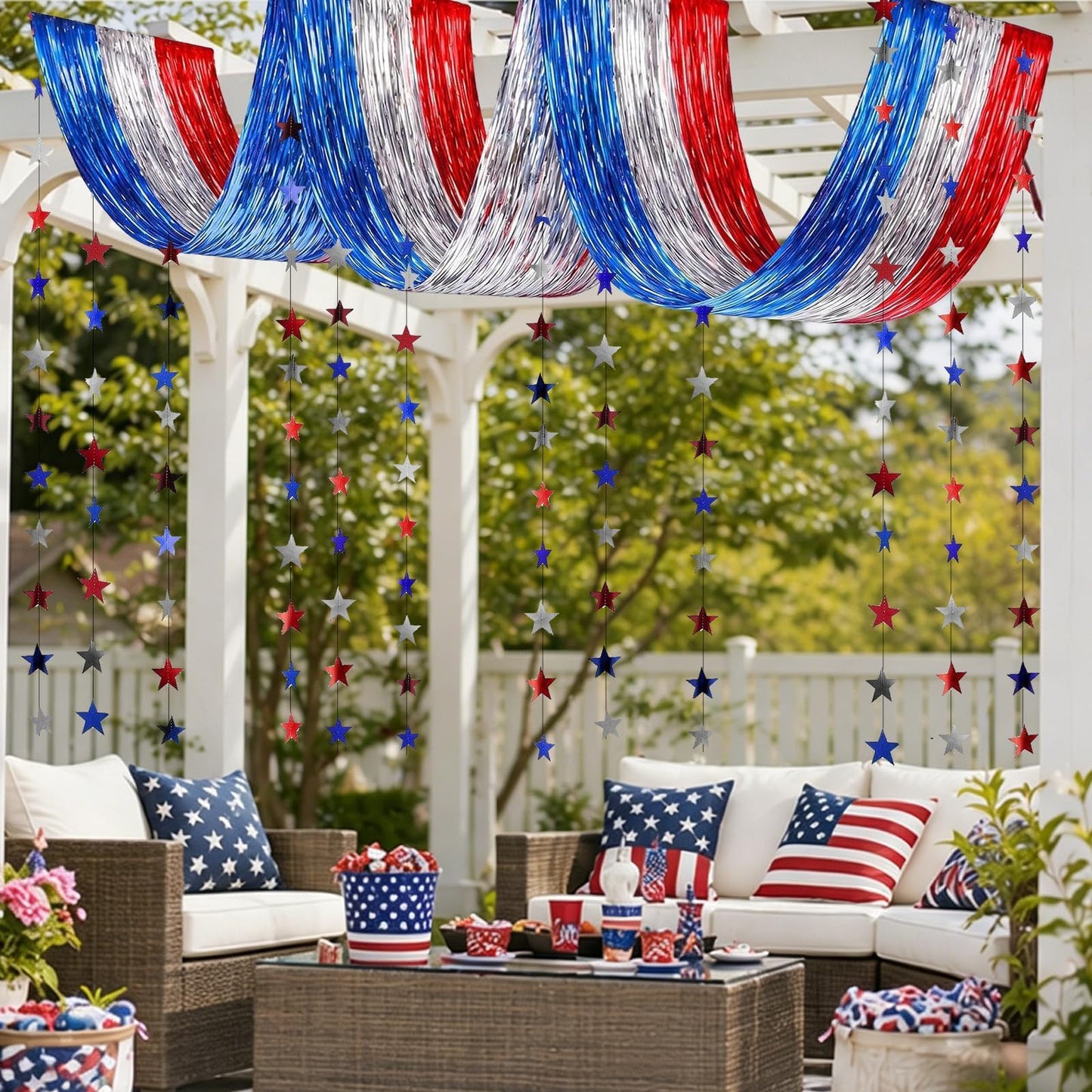 Patriotic Decorations, 5Pack USA Red White and Blue Decorations Metallic Foil Ceiling Fringe Curtains and Star Garland for or 250th Anniversary