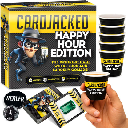 CARDJACKED Happy Hour Edition Card Game - Adult Drinking Game (21+) for 4-10 Players - Includes Waterproof Cards & Shot Glasses