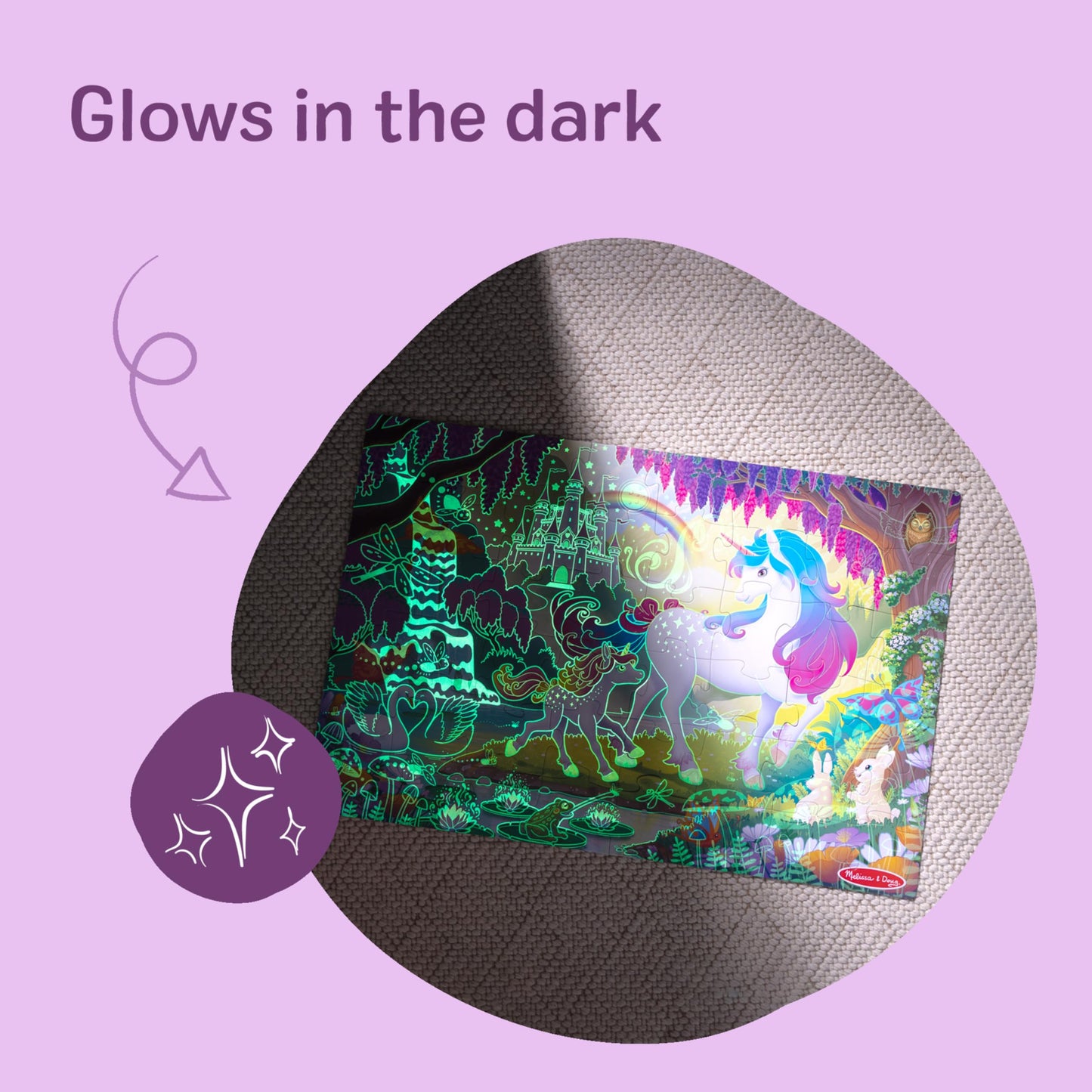 Melissa & Doug Glow-in-The-Dark Unicorn Jumbo Floor Puzzle, 48-Piece Jigsaw Puzzle with Hidden Details, Kids Puzzles for Girls & Boys Ages 4 and Up -