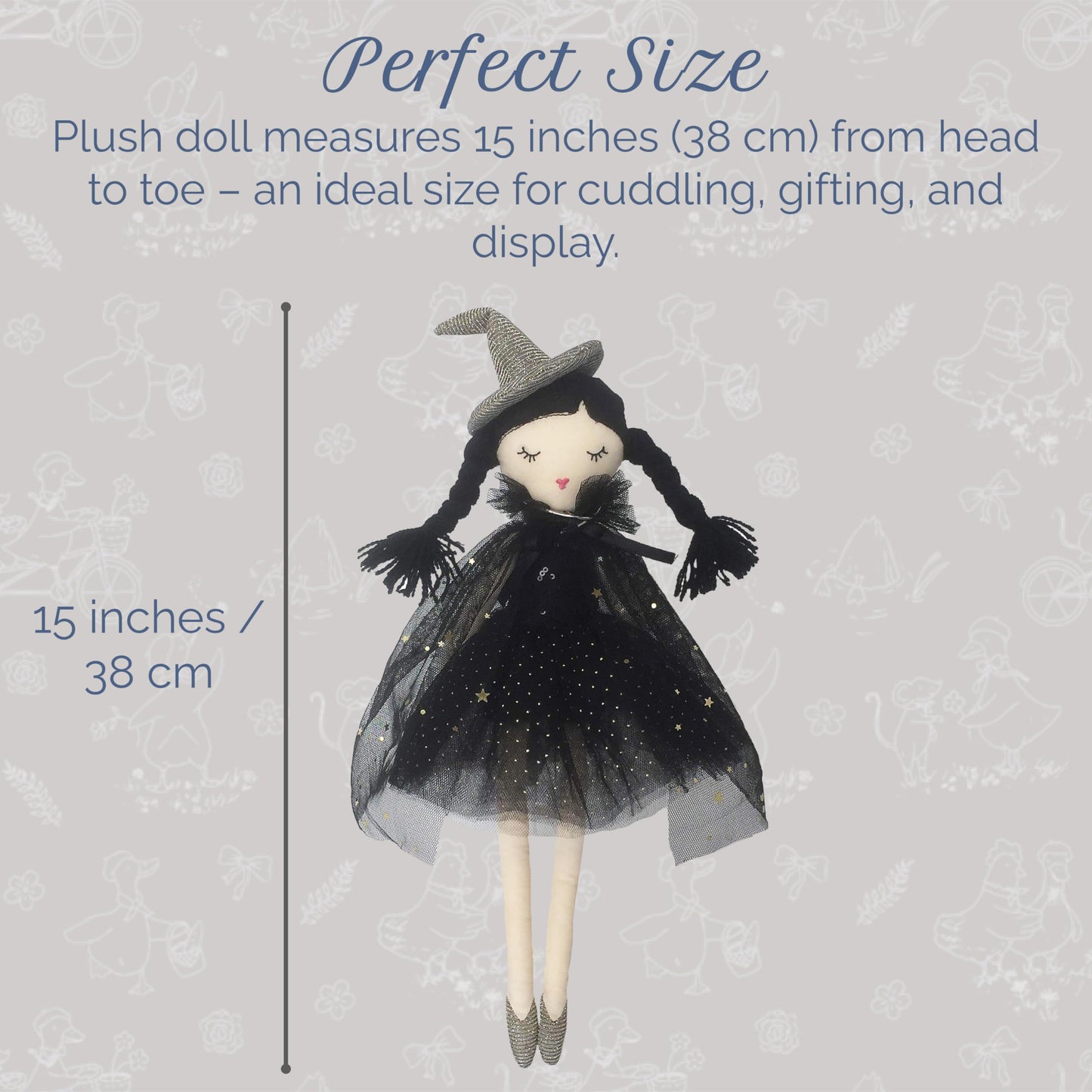 MON AMI Cassandra Witch Doll - 15” | Soft & Elegant Plush Doll for All Ages | Spooky, Cute Holiday & Halloween Decoration