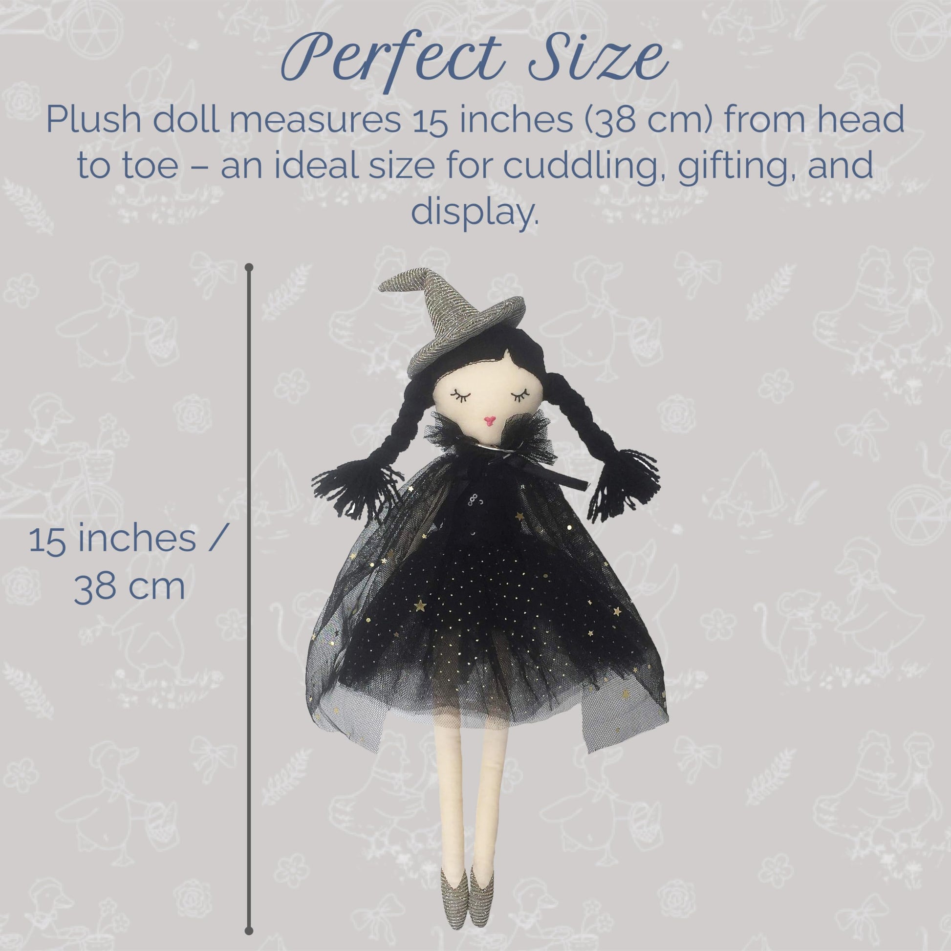 MON AMI Cassandra Witch Doll - 15” | Soft & Elegant Plush Doll for All Ages | Spooky, Cute Holiday & Halloween Decoration