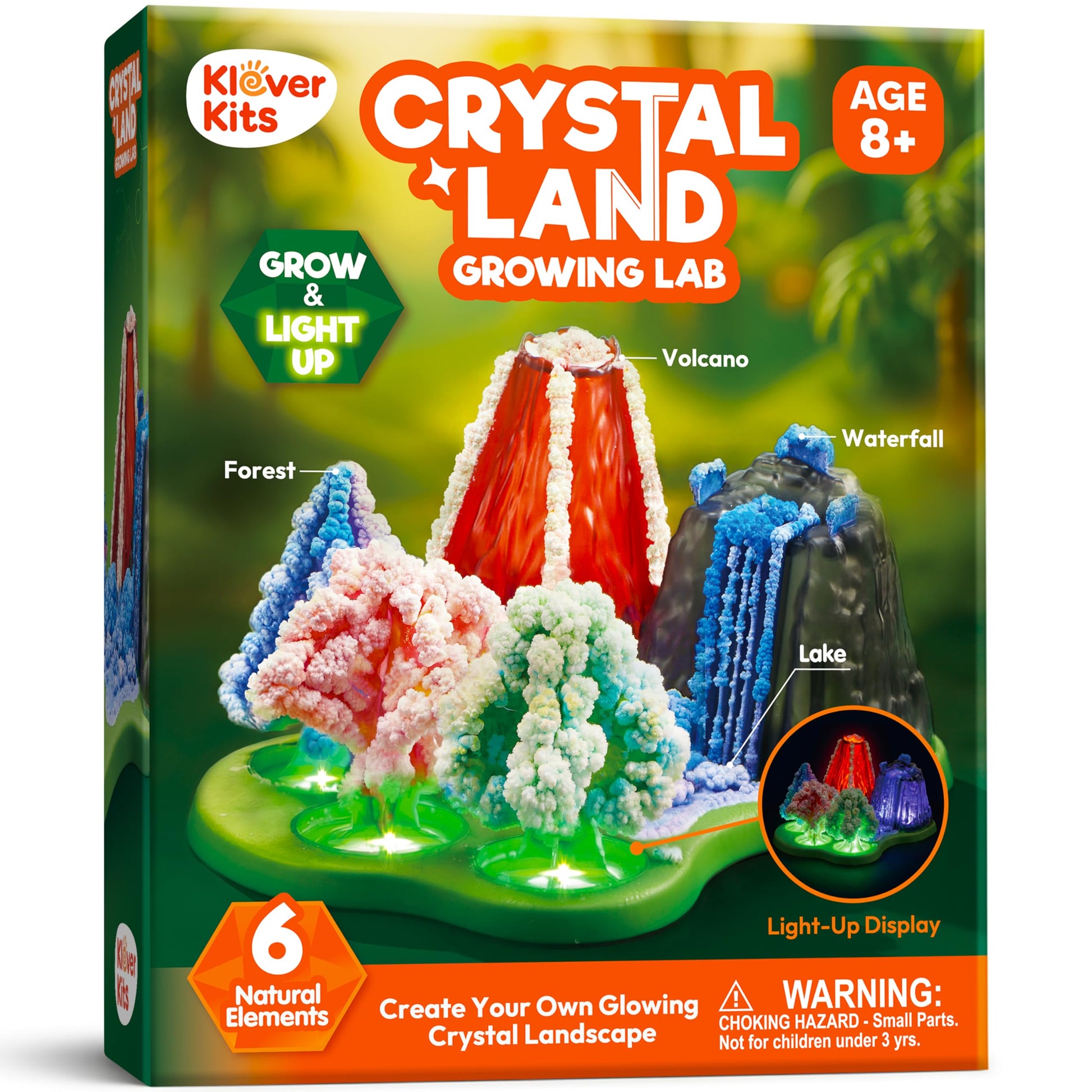 JOVA Klever Kits Crystal Land Growing Lab- Craft Kits for Kids Aged 8+ Science Gifts with 6 Unique Natural Elements and Light-Up Base, STEM Activities