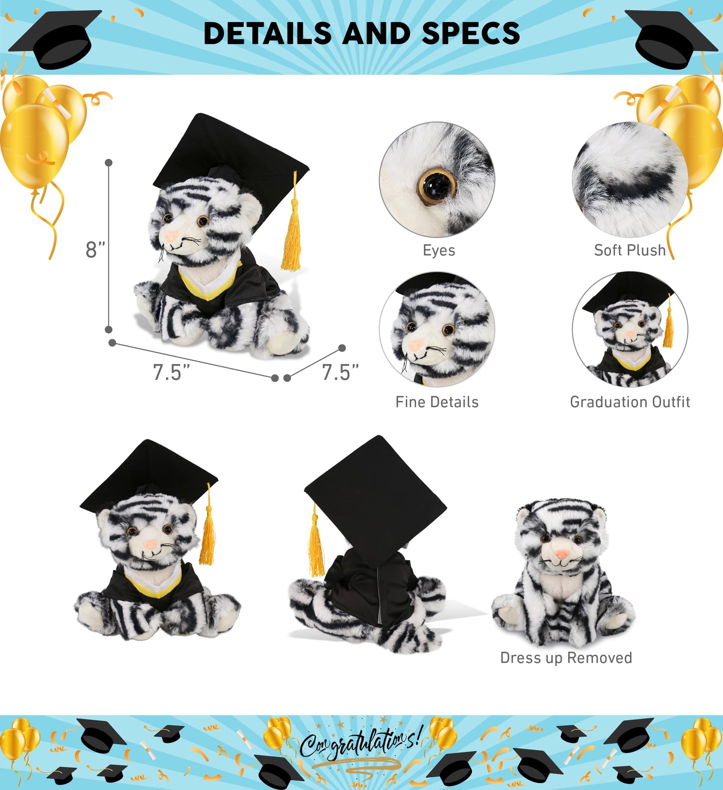 DolliBu Squat White Tiger Graduation Plush Toy - Soft Tiger Plush Graduation Stuffed Animal Dress Up with Gown & Cap with Tassel Outfit - Gift