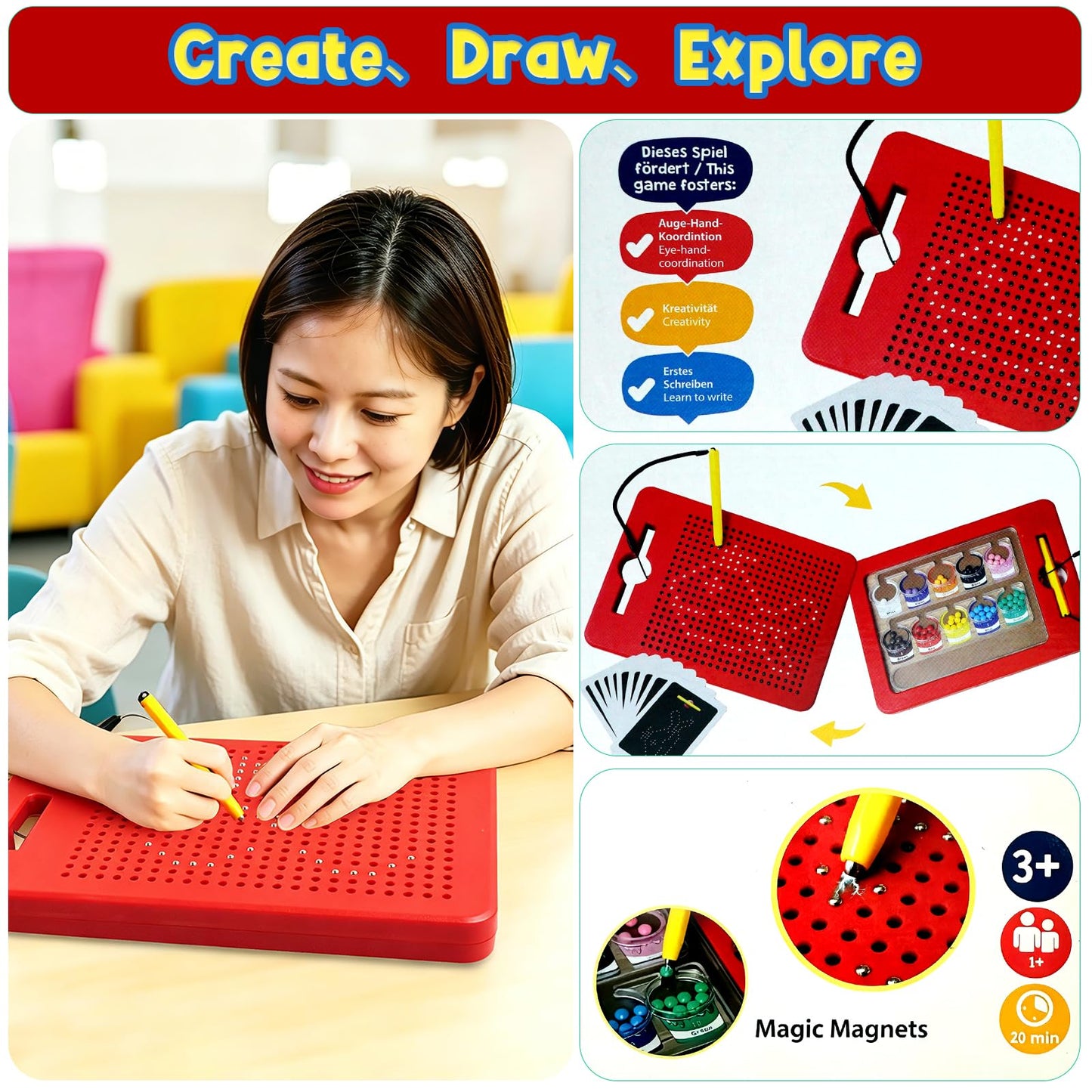 TiTiC 2 in 1 Magnetic Drawing Board, Magnetic Color Number Maze, with Beads and Magnet Stylus Pen, Magnetic Tablet Toy for Airplane & Car Ride