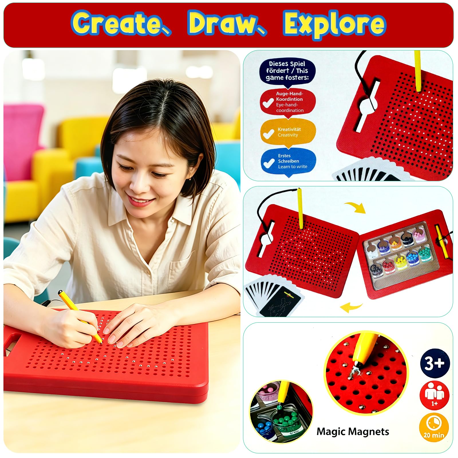 TiTiC 2 in 1 Magnetic Drawing Board, Magnetic Color Number Maze, with Beads and Magnet Stylus Pen, Magnetic Tablet Toy for Airplane & Car Ride