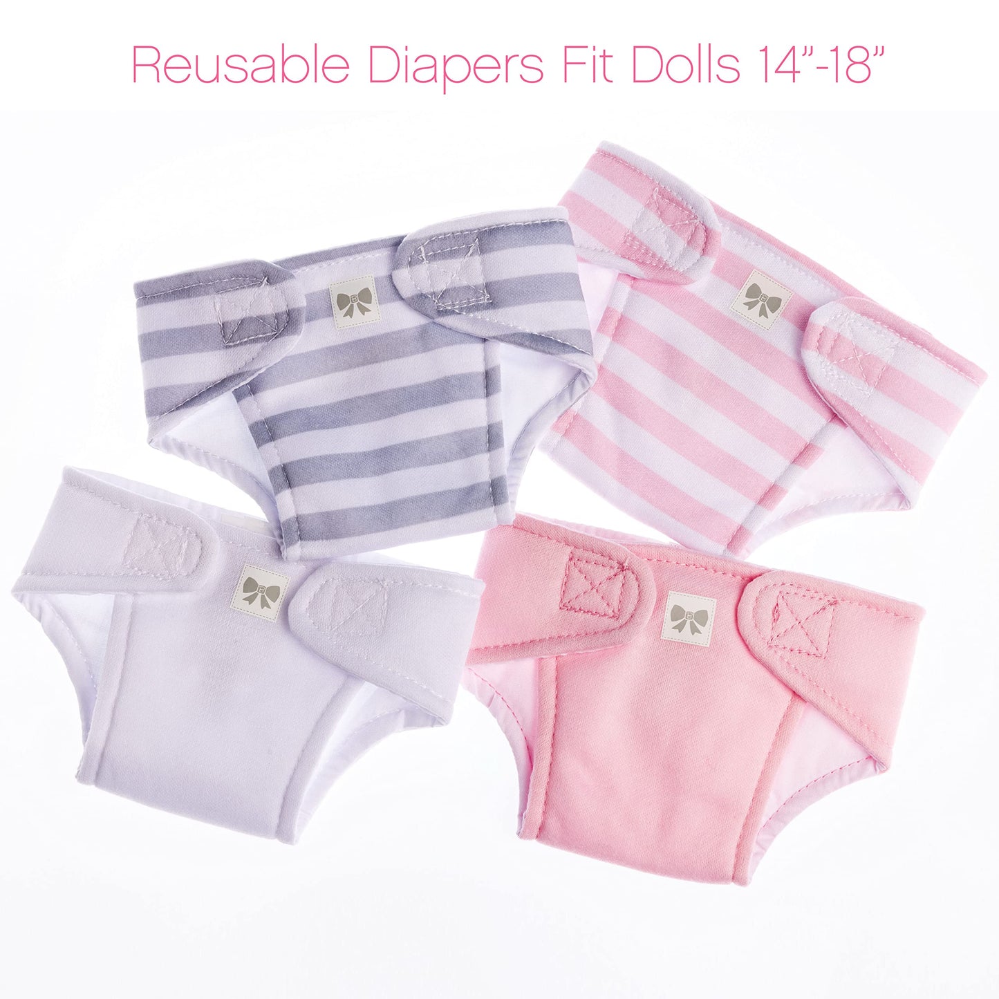 JC Toys Baby Doll 4 Pack Fabric Diapers | Washable, Reusable, Adjustable Eco Diapers | Fits Dolls 14 to 18 inch in Pink/White/Grey