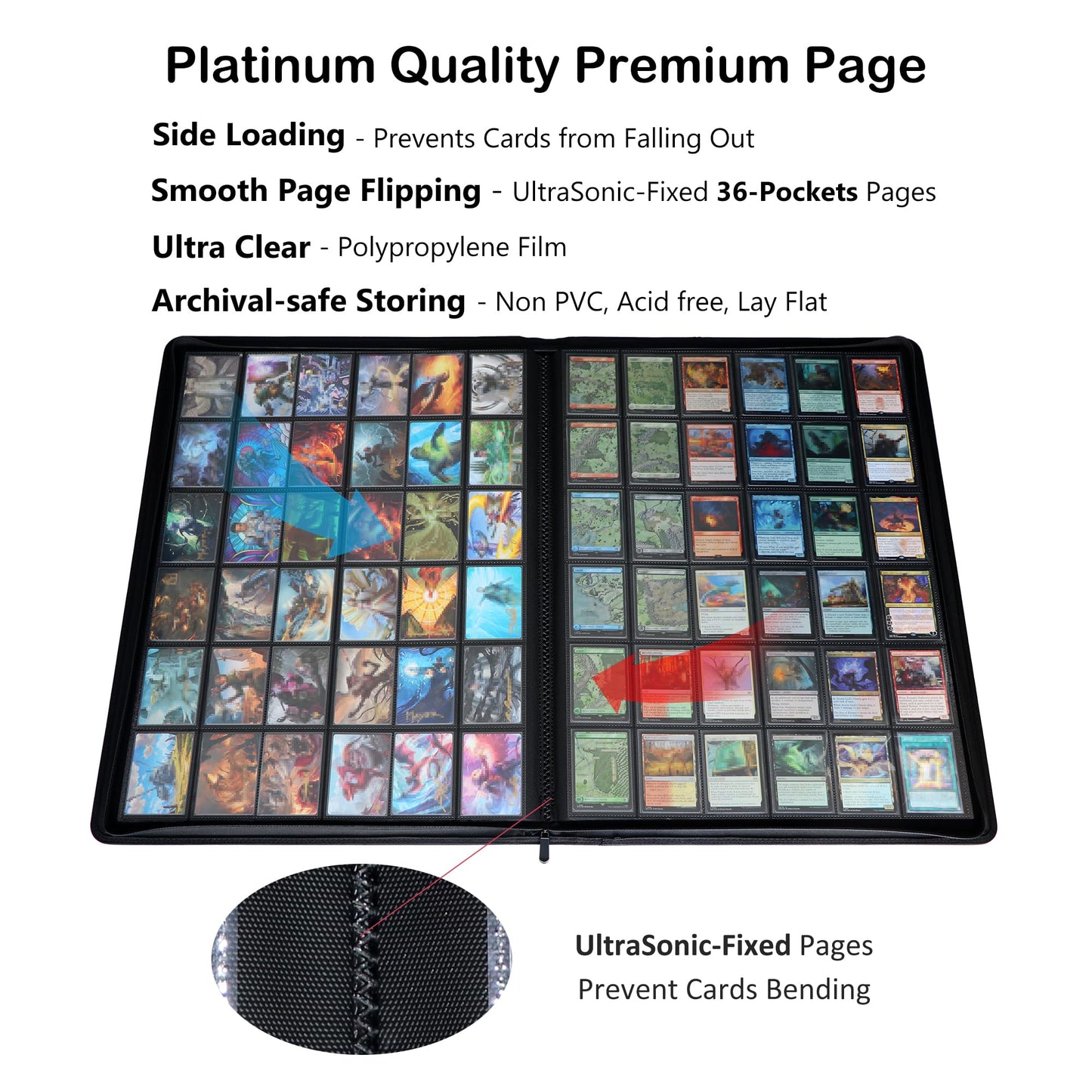 Rieton 36-Pocket Ringless Trading Card Binder - Holds 2304 Sleeved Cards, Side-Loading Black Pages, Water-Resistant Zipper Album for TCG & Sports
