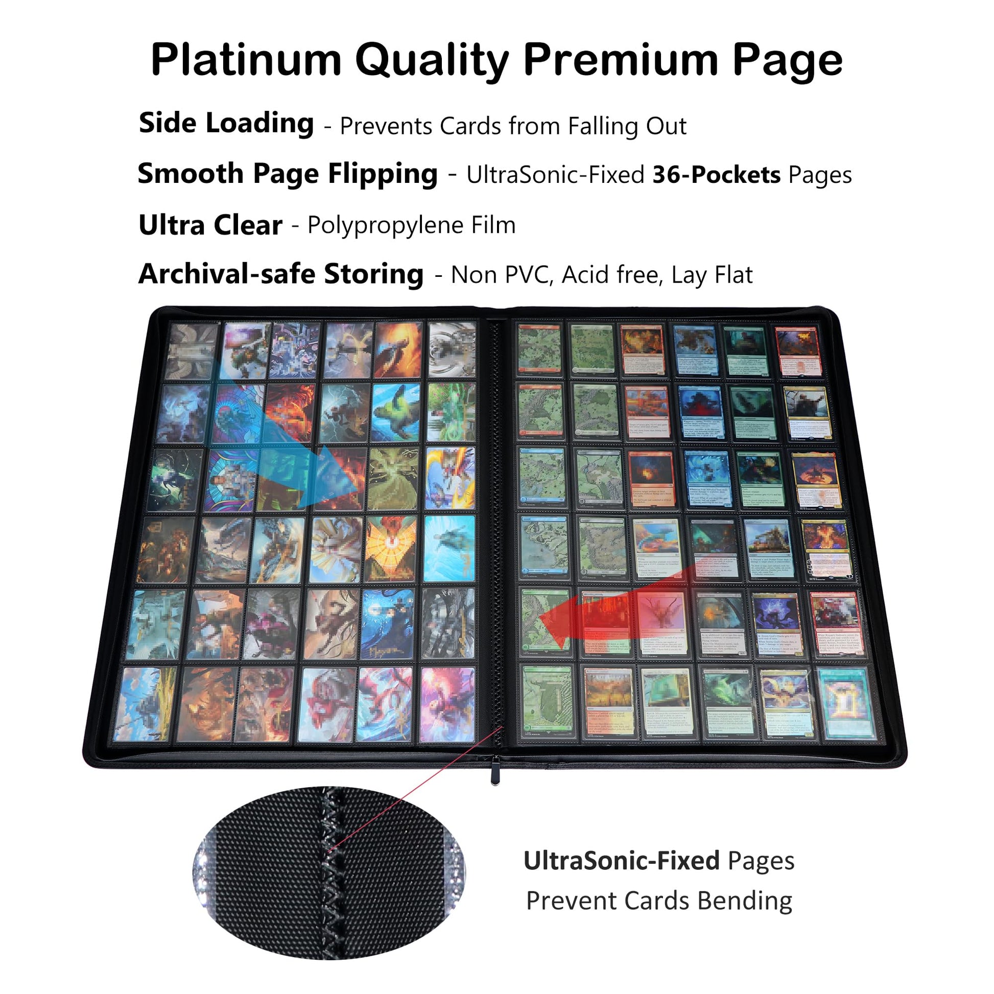 Rieton 36-Pocket Ringless Trading Card Binder - Holds 2304 Sleeved Cards, Side-Loading Black Pages, Water-Resistant Zipper Album for TCG & Sports