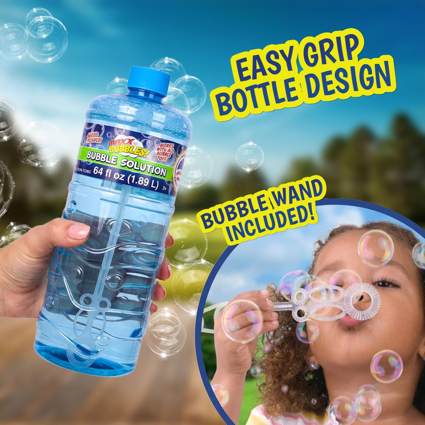 Made in USA Bubble Solution Refill with Wand 64oz Non Toxic Dye Free (1/2 Gallon), Kids Easy Grip Bottle Refill for Bubble Machine, Bubble Wands