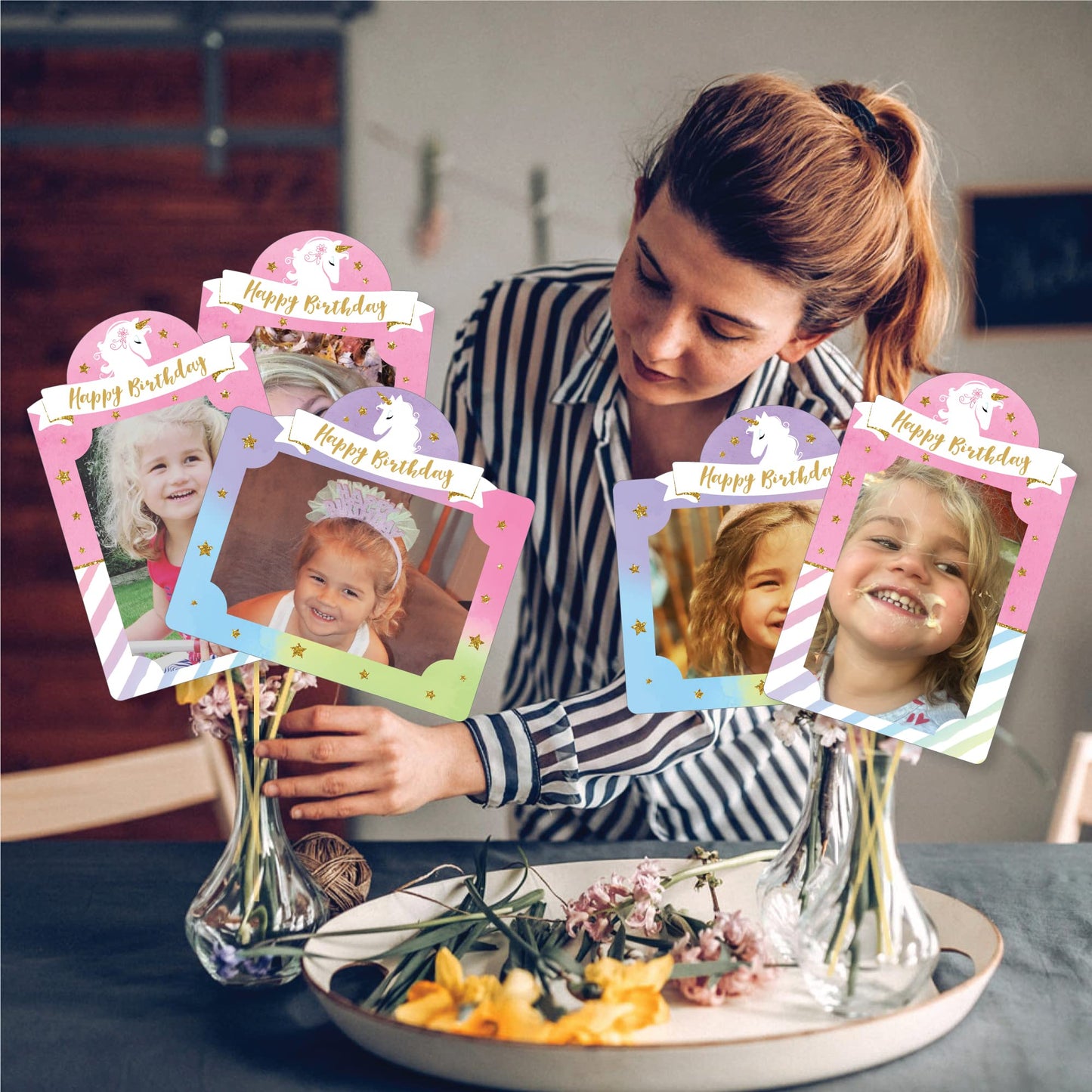 Big Dot of Happiness Rainbow Unicorn - Magical Unicorn Birthday Party Picture Centerpiece Sticks - Photo Table Toppers - 15 Pieces