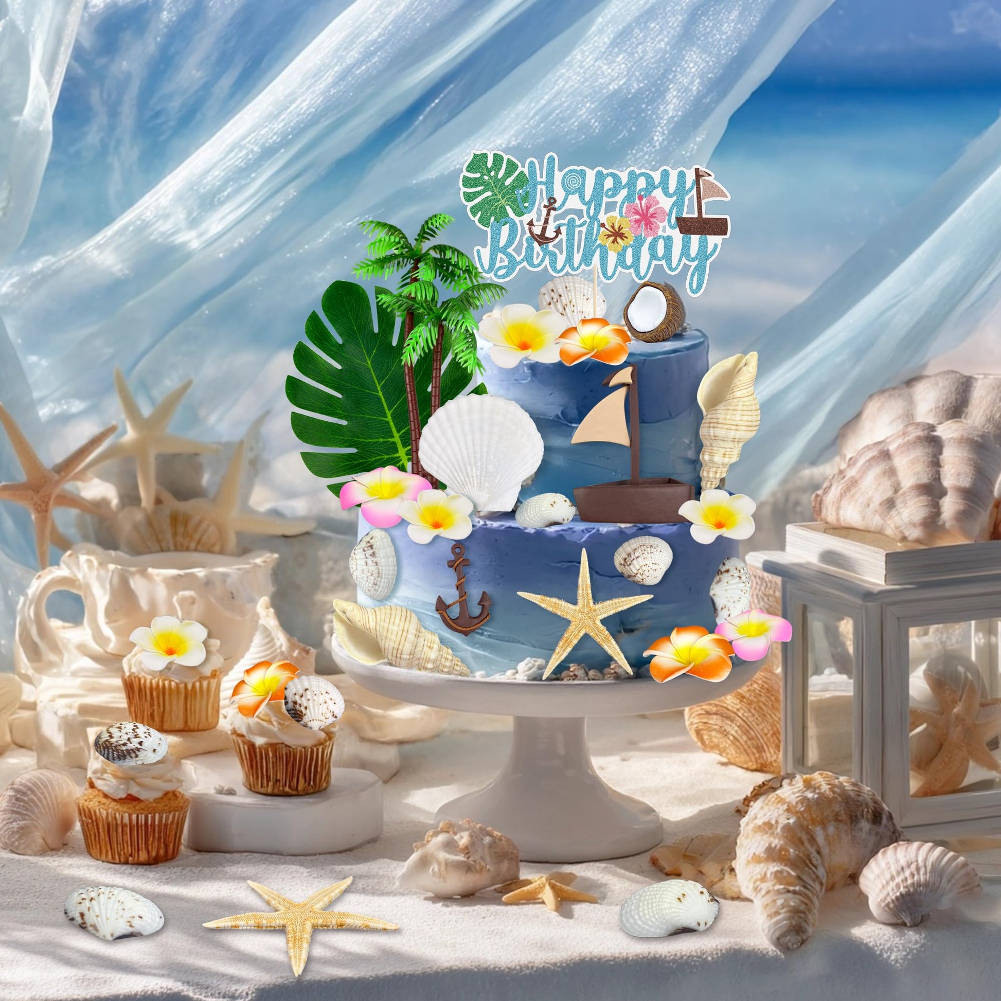 22PCS Hawaiian Cake Decorations Set with Sea Shell Including Coconut Tree Cake Decorations Boat Flowers Starfish Conch Leaves for Summer Party