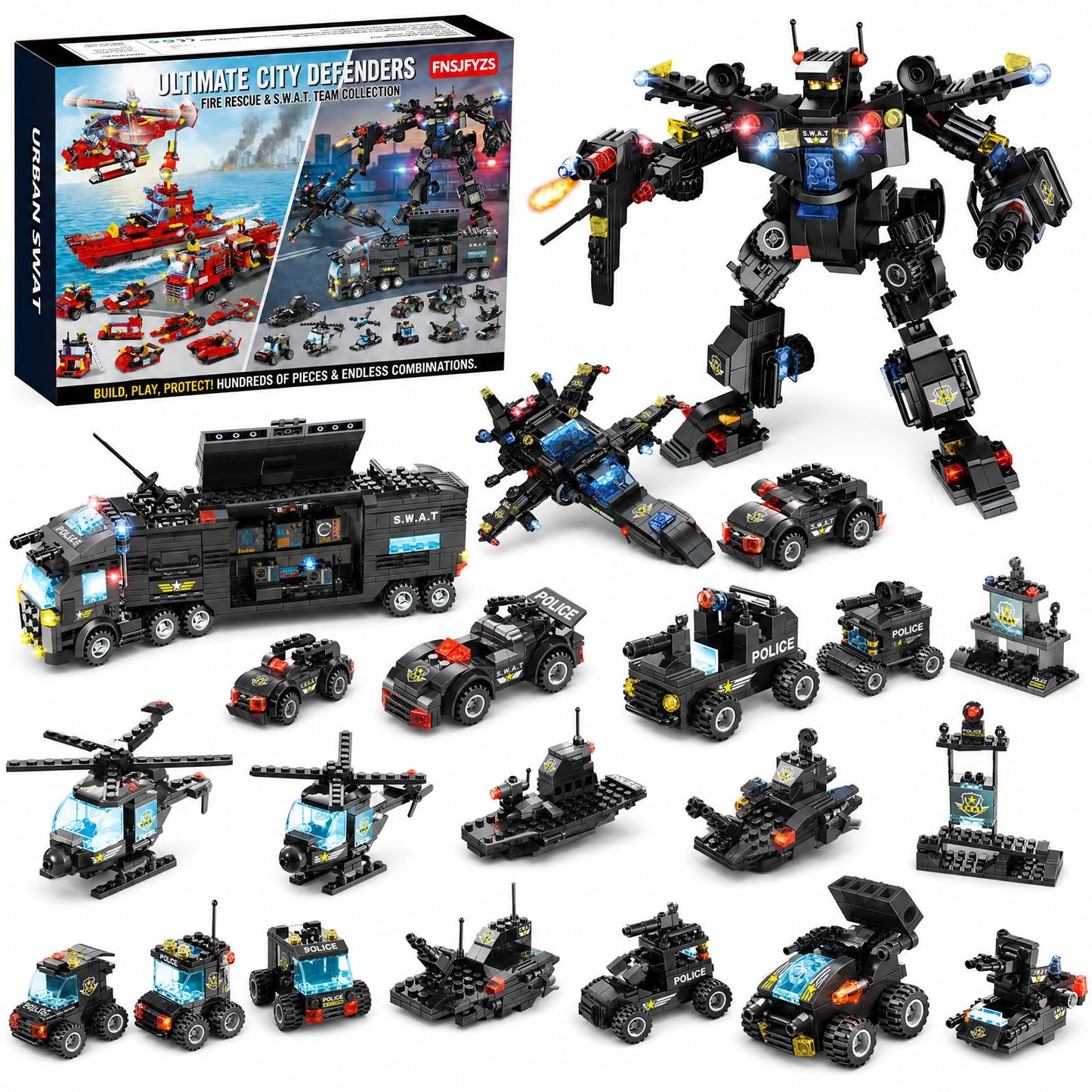 FNSJFYZS SWAT Police Building Blocks, 725 PCS Transforming Robot & Emergency Vehicle Construction Set, Mobile Command Truck, Modular Military Kit