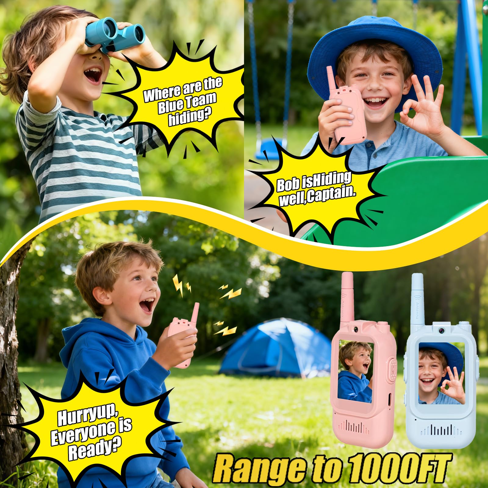 Video Walkie Talkies for Kids Pack of 2, Long Range 2 inch Screen Rechargeable Video Chat Intercom, Indoor Outdoor Voice Effects Toys for Family