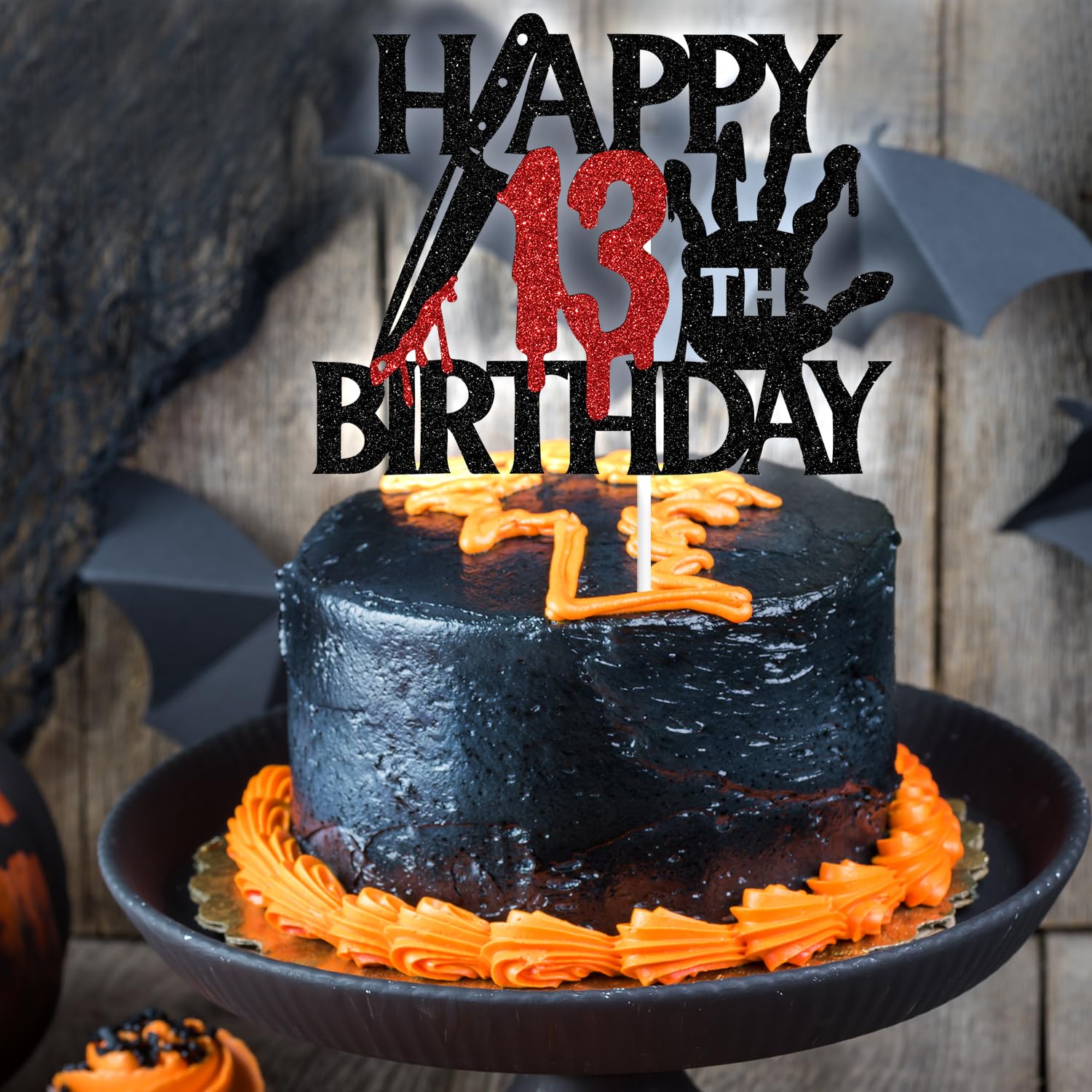 Black Glitter Killer Happy 13th Birthday Cake Topper, Halloween Zombie Vampire Bloody Friday Birthday Décor, Halloween Horror Themed 13th Birthday