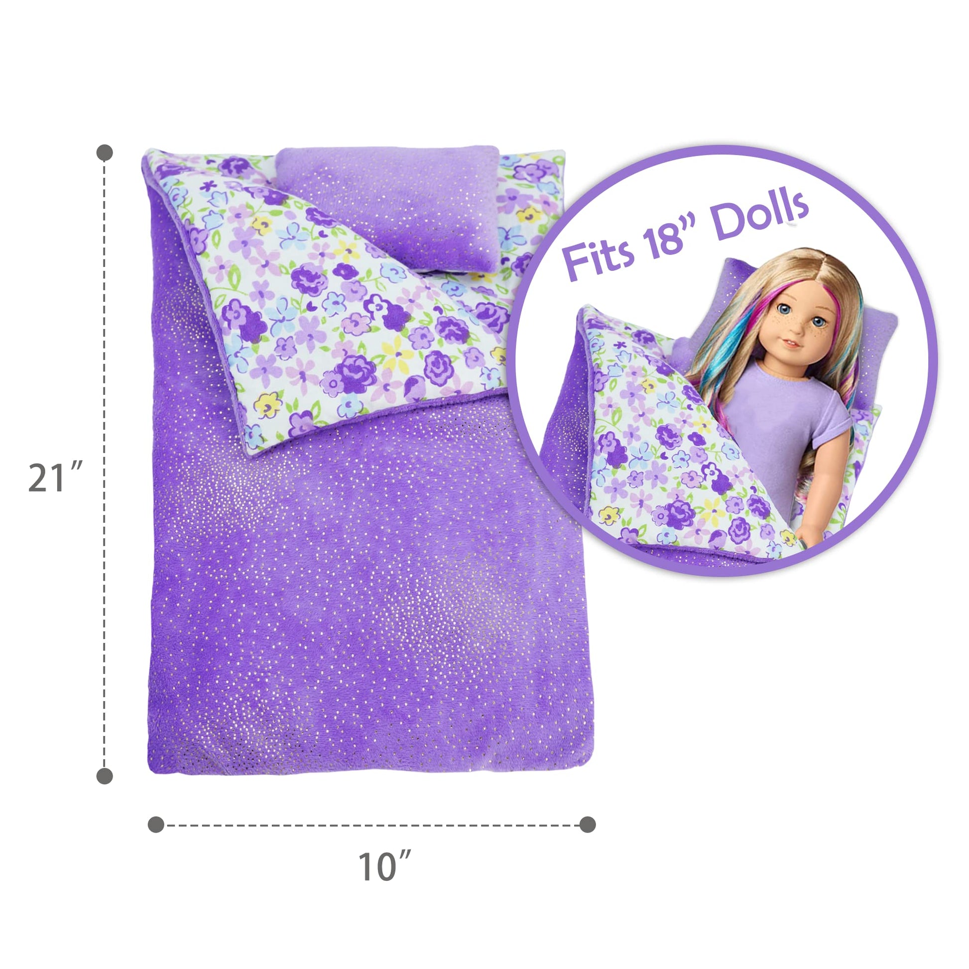 June Garden Cozy Dream Reversible Doll Sleeping Bag - 2-Piece Playset Doll Accessory with Pillow - Fits 18" American Girl Dolls - Gifts for Girls 2 3