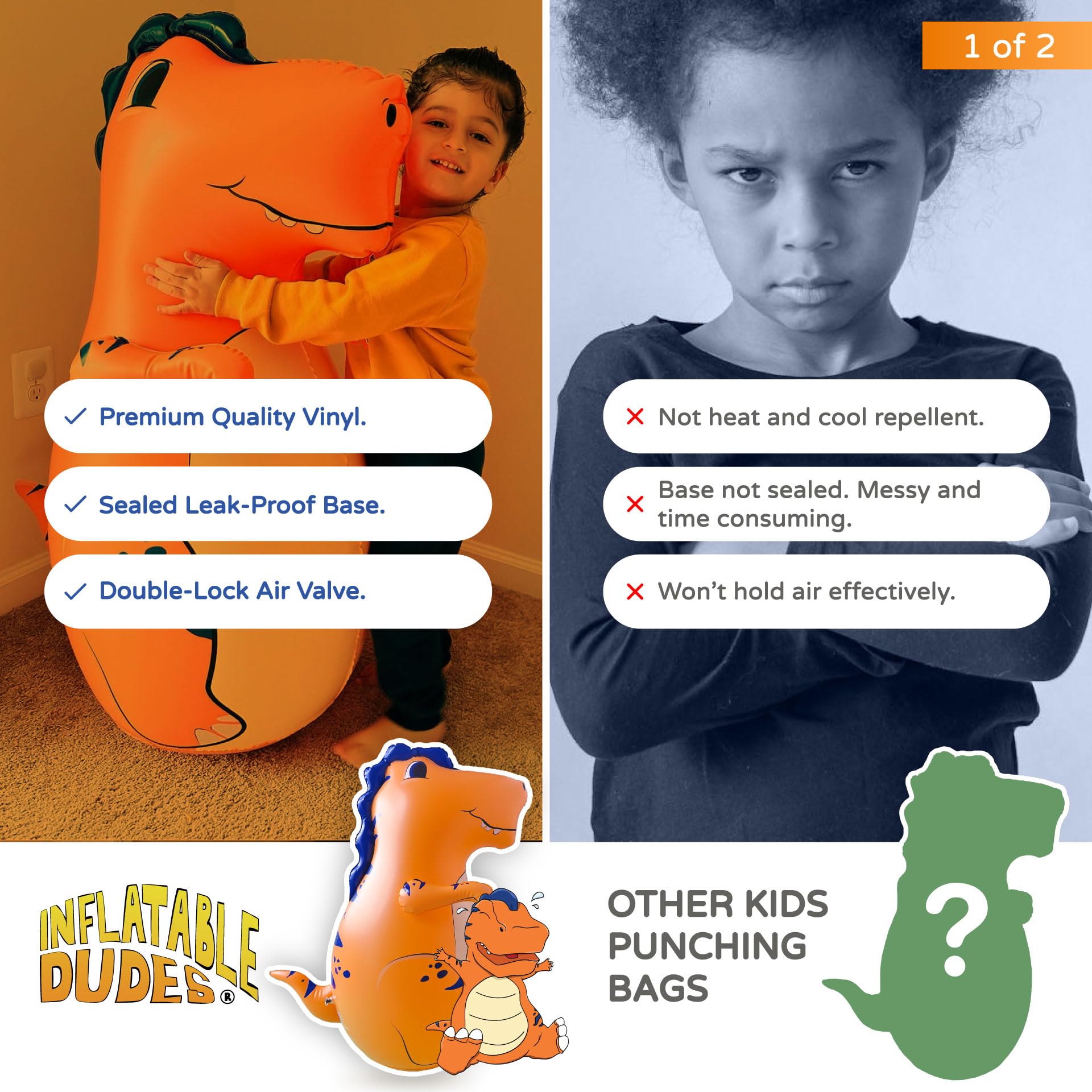 INFLATABLE DUDES Orange Dinosaur Toy 40” - Kids Punching Bag | Sand-Base