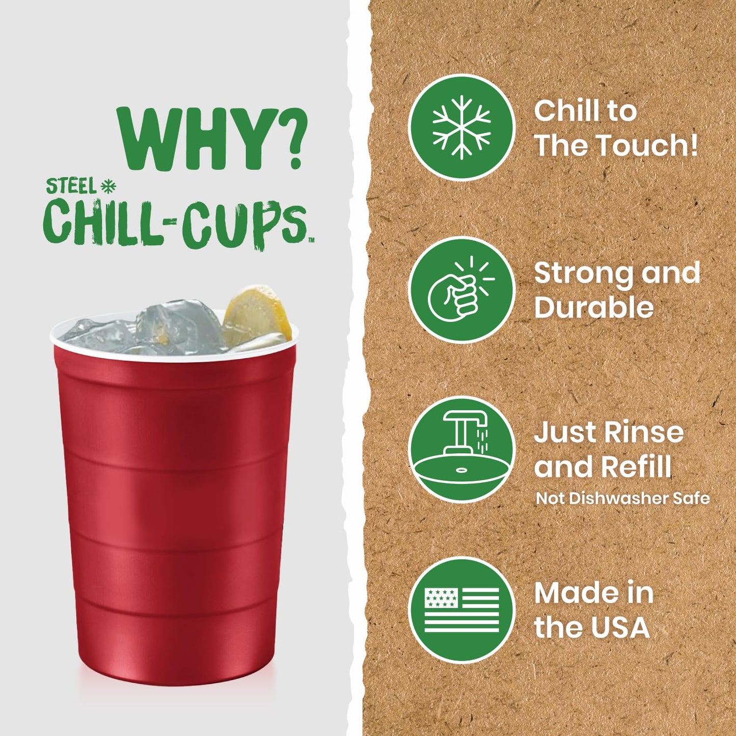 Steel Chill Cups 16 oz. Durable & Reusable Party Cups, Red, 12 Count
