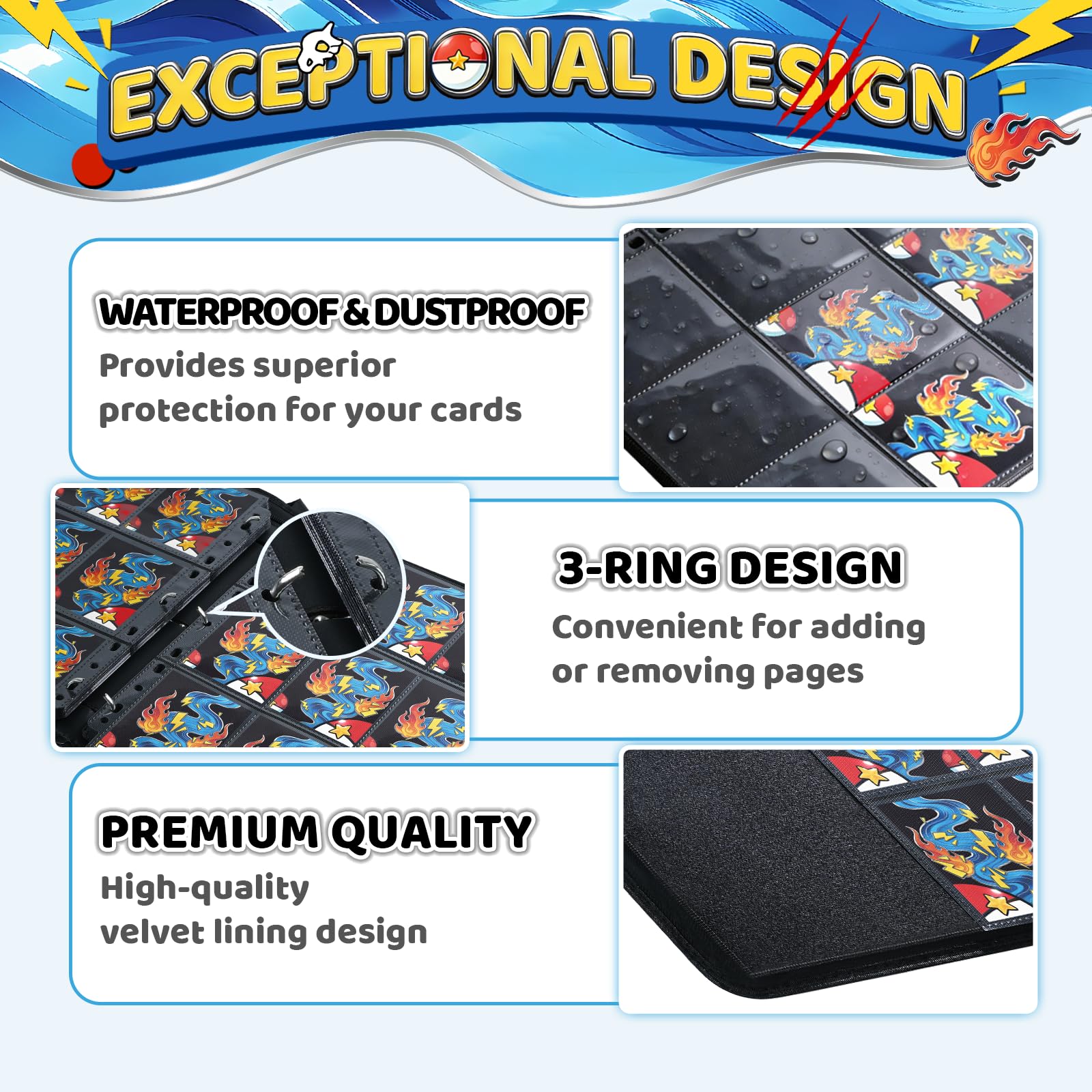 Trading Card Binder, 9 Pocket 900-Pocket with 50 Removable Binder Sleeves, 3-Ring Zipper Waterproof Card Collection Binder, Trading Card Holder for