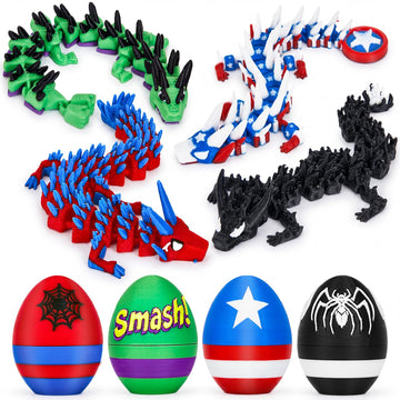 TBOLINE 4PCS 3D Printed Dragon Egg, Articulated Superhero Small Dragon Toys for Kids, 3D Printed Animals Spider Dinosaur Eggs Treasure Box Prizes