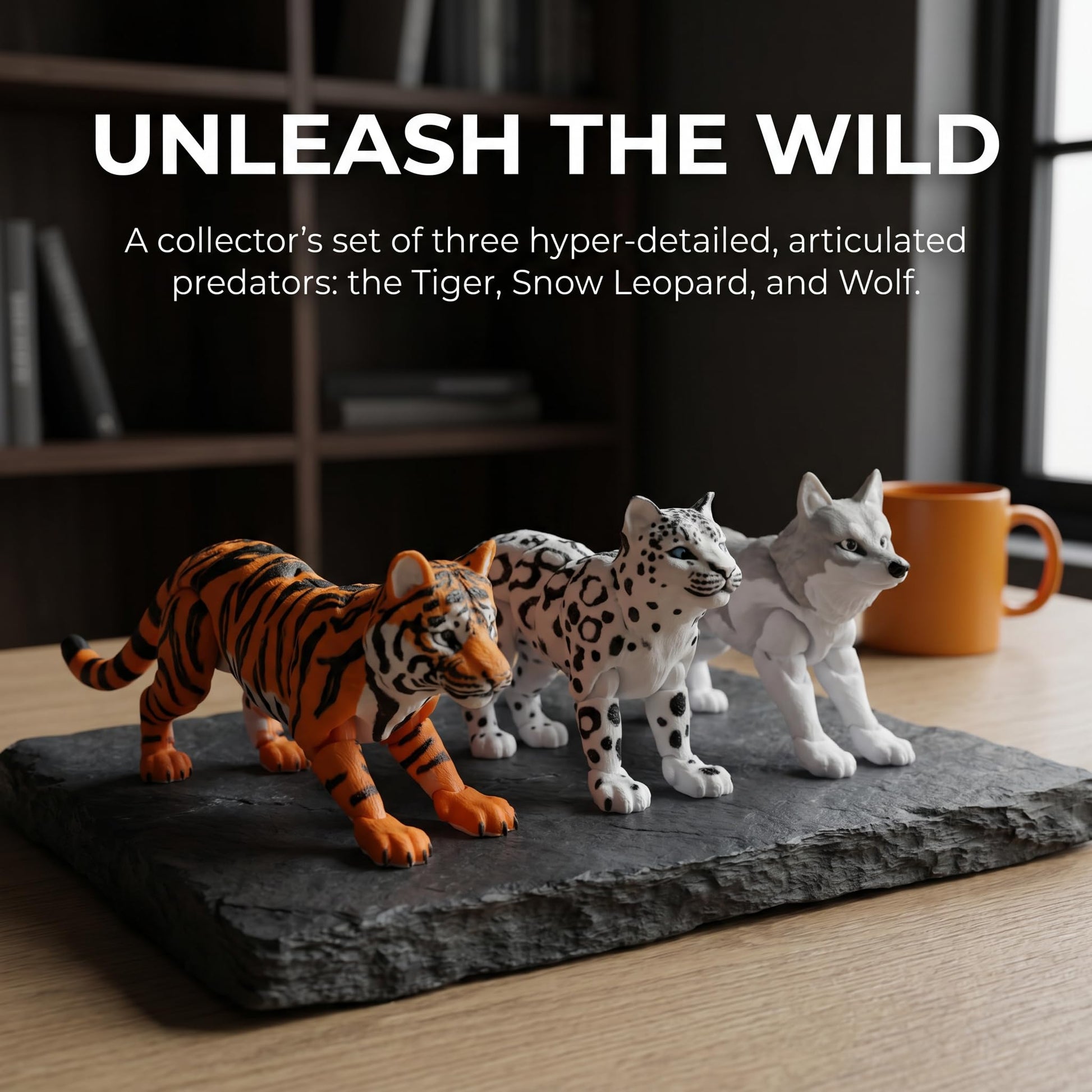 Drifvie 3PCS 6.7-7.7in 3D Printed Animal Set,Articulated Snow Leopard,Tiger & Grey Wolf Action Figures,Realistic Movable Joint Fidget Toys,Wildlife