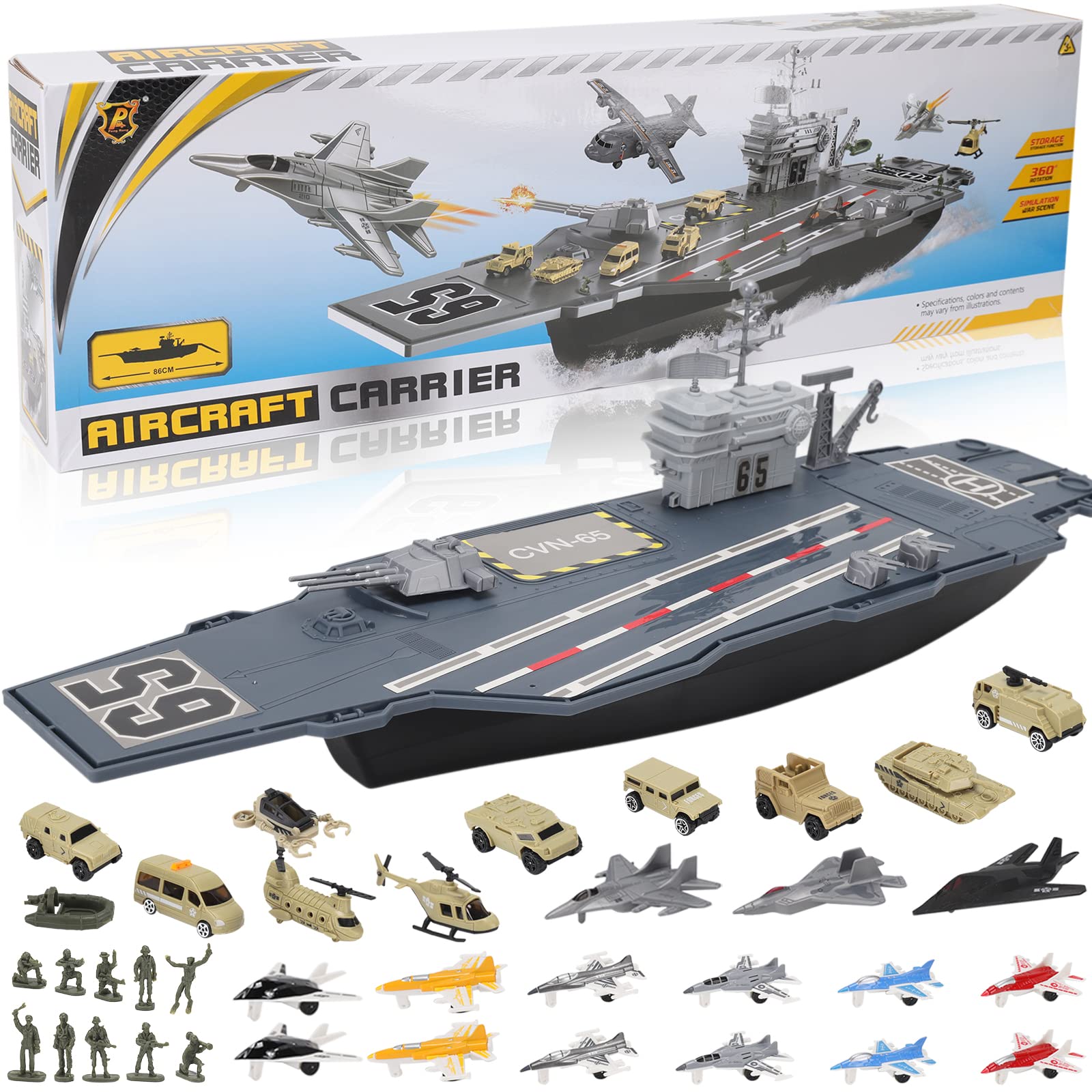 33-Inch Aircraft Carrier Mega Playset - Ultimate Military Battle Set for Boys with Realistic Battleship, Fighter Jets, Toy Soldier Figures, Military