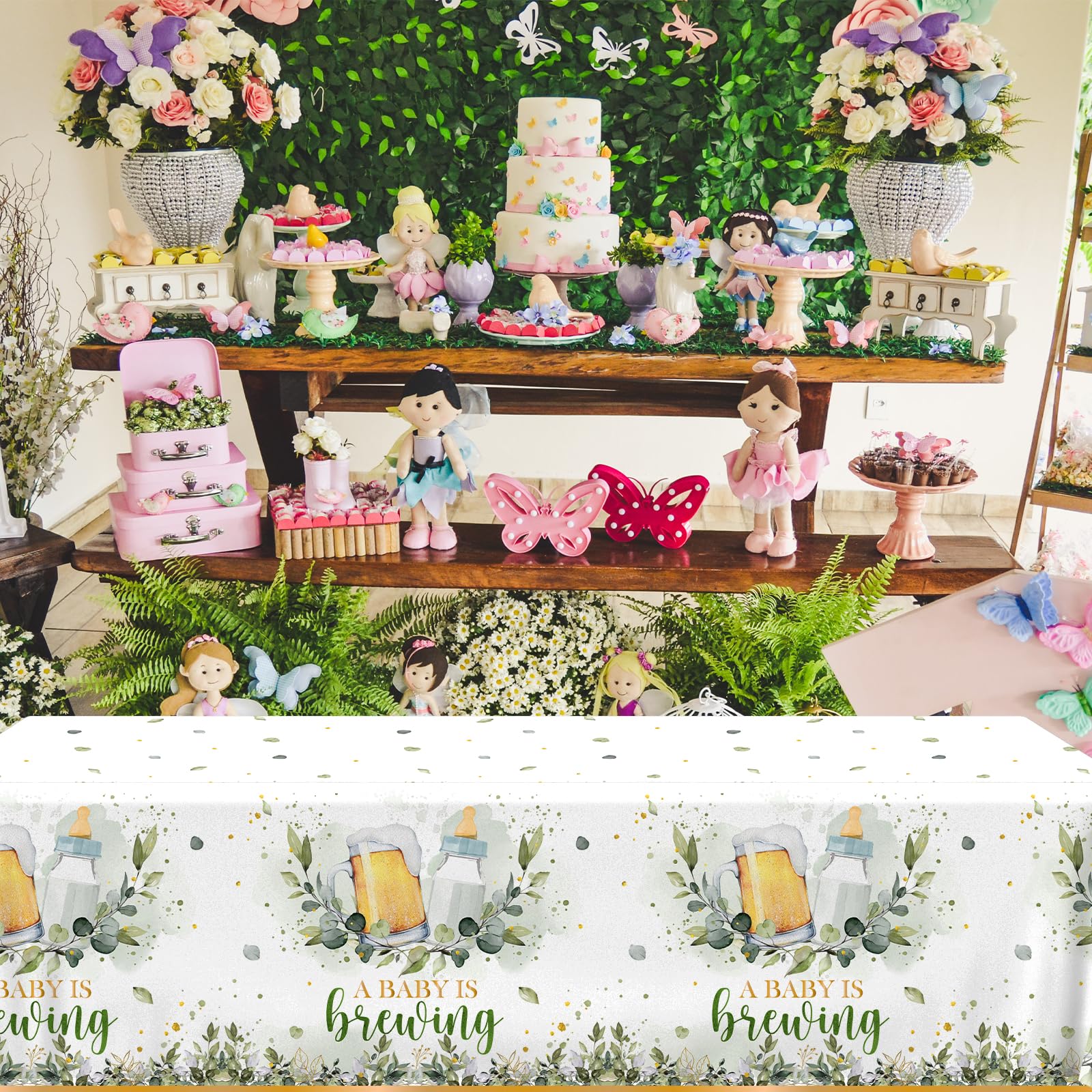 Baby Brewing Shower Decorations-3pcs A Baby is Brewing Tablecloth, Beer Feeding Bottle Baby Shower Table Covers for Boys Girls Baby Shower Party