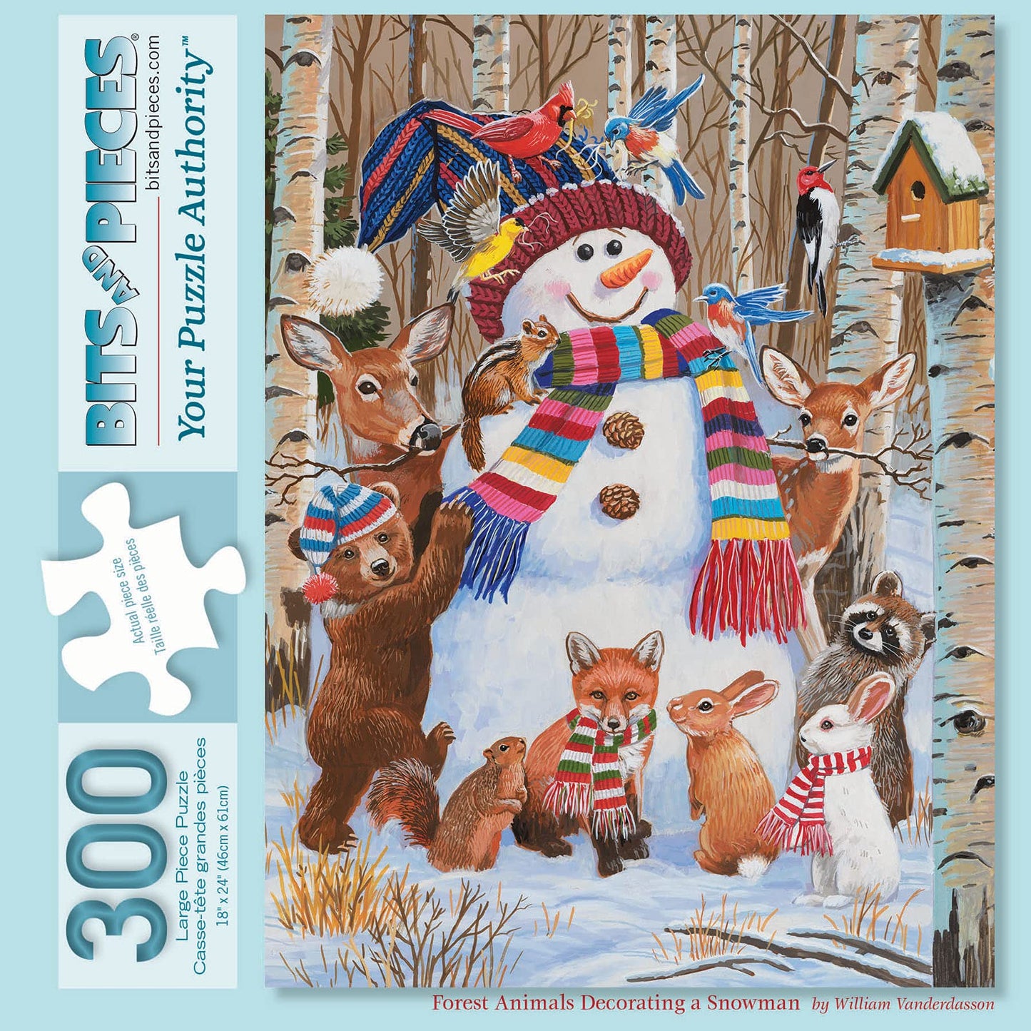 Bits and Pieces - 300 Piece Jigsaw Puzzle for Adults - Forest Animals Decorating A Snowman - Winter Snow Holiday Woods Scarf Bird House Jigsaw Puzzle