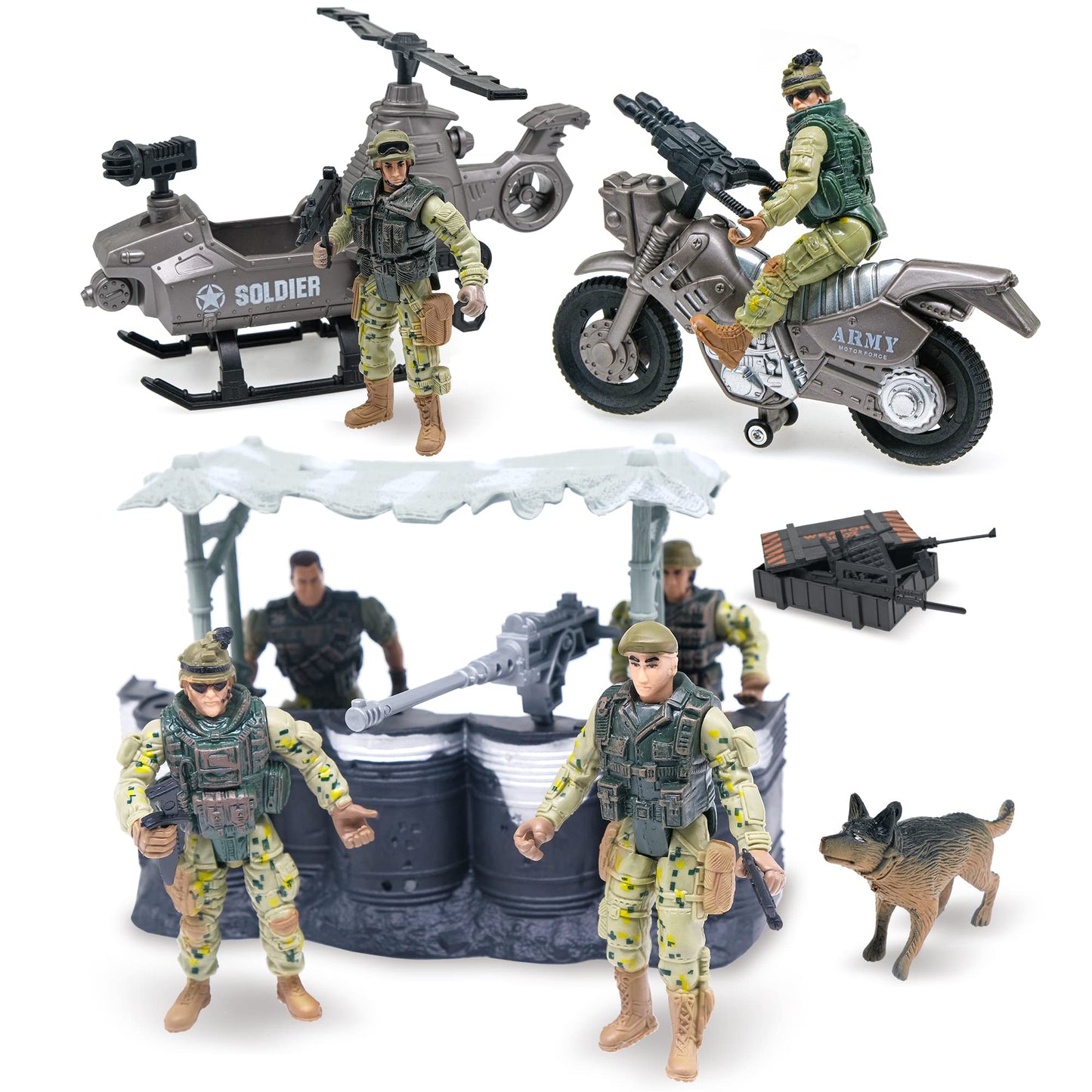 MISTBUY Military Vehicles Toys Playset with Army Men Action Figures, Helicopter, Armored Vehicle, Truck, Motorcycle, Tent and Dog for Pretend Play