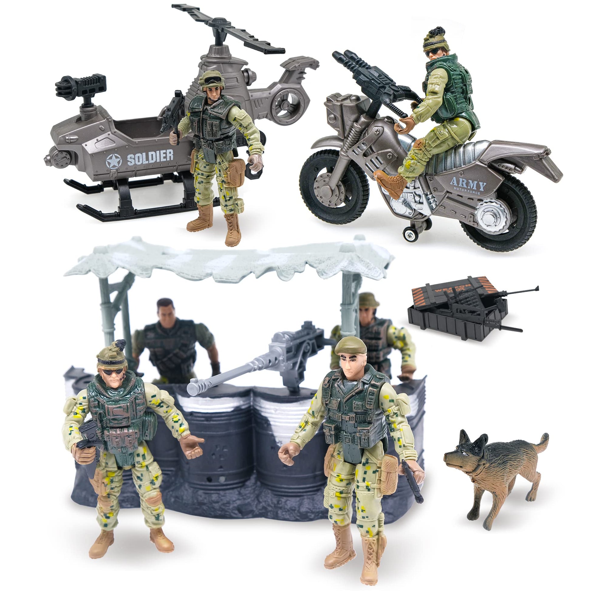 MISTBUY Military Vehicles Toys Playset with Army Men Action Figures, Helicopter, Armored Vehicle, Truck, Motorcycle, Tent and Dog for Pretend Play