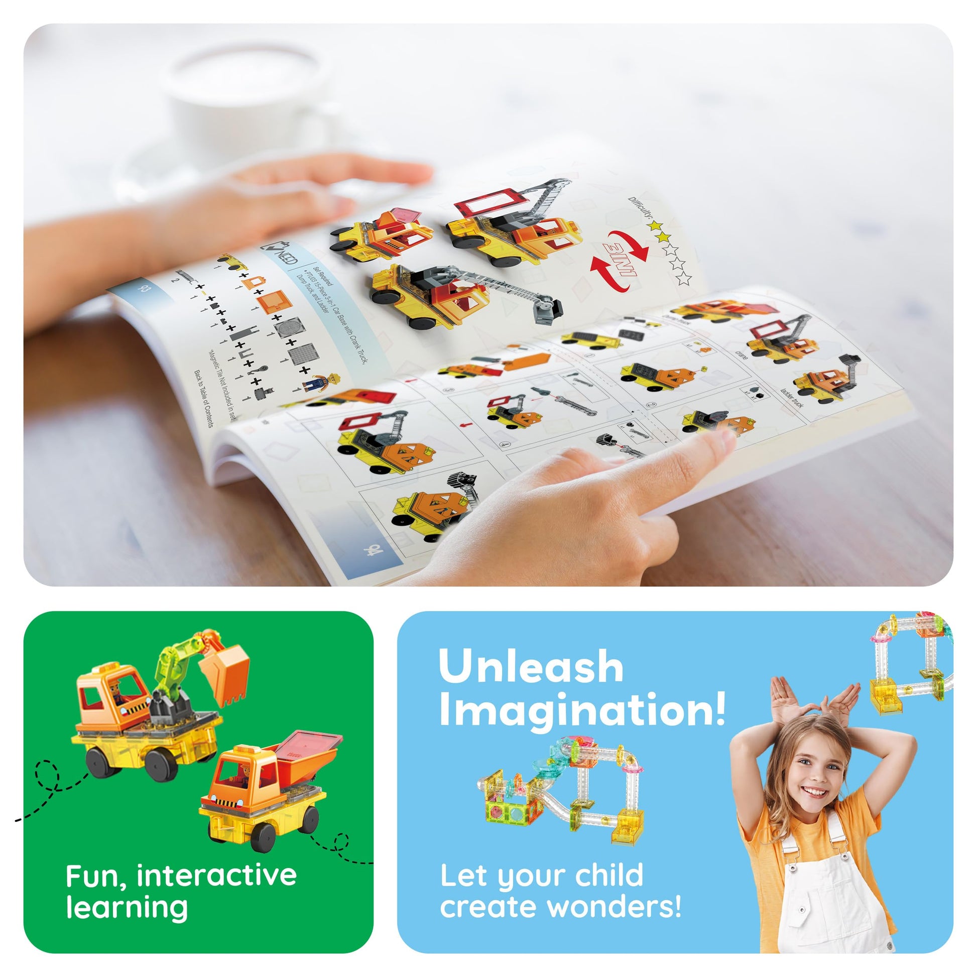PicassoTiles Magnetic Tile Idea Book, 300 Builds Illustrated Guide, Ages 3+