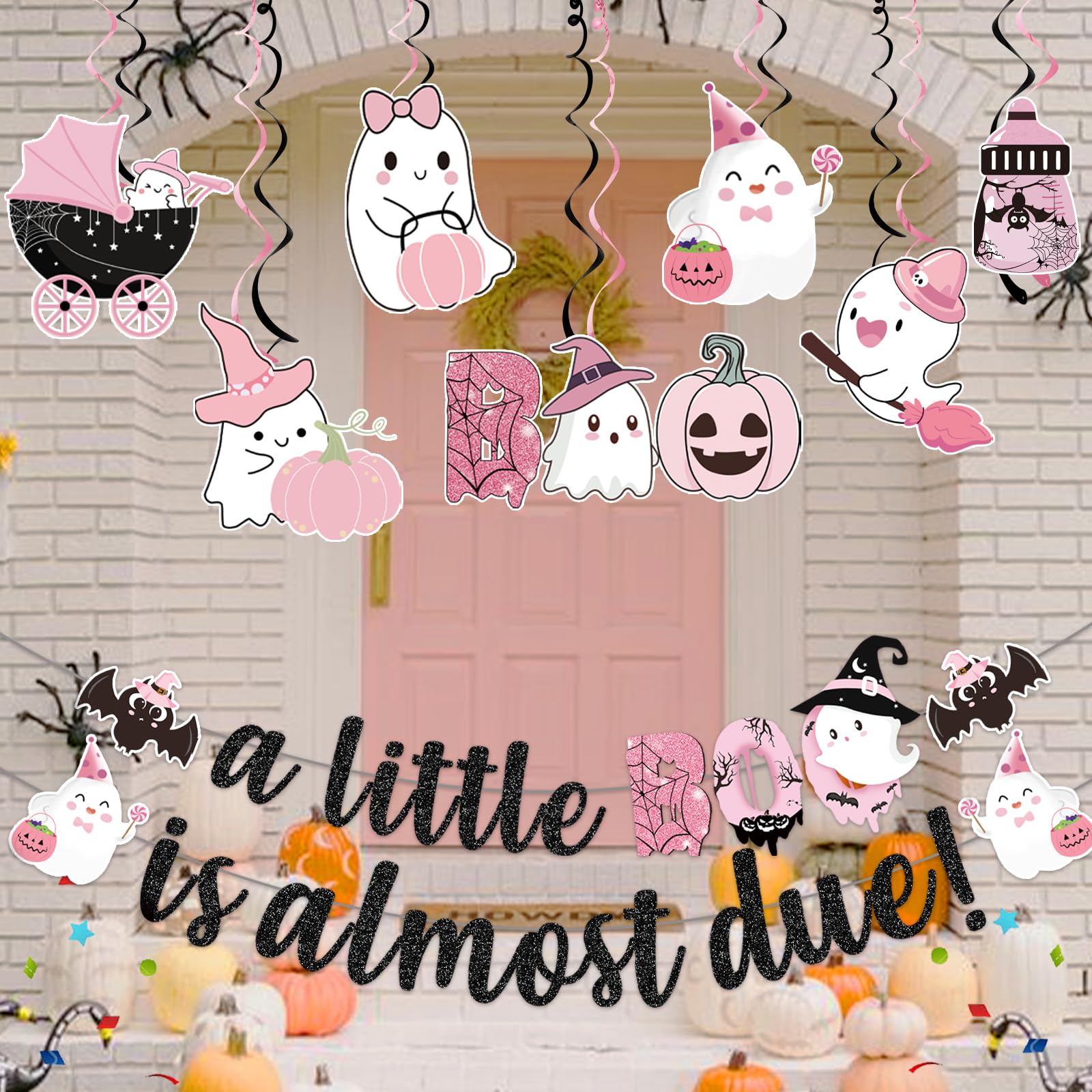 Yavxzvbw A Little Boo Is Almost Due Banner & Decorations - Pink & Black Halloween Baby Shower Party Pack