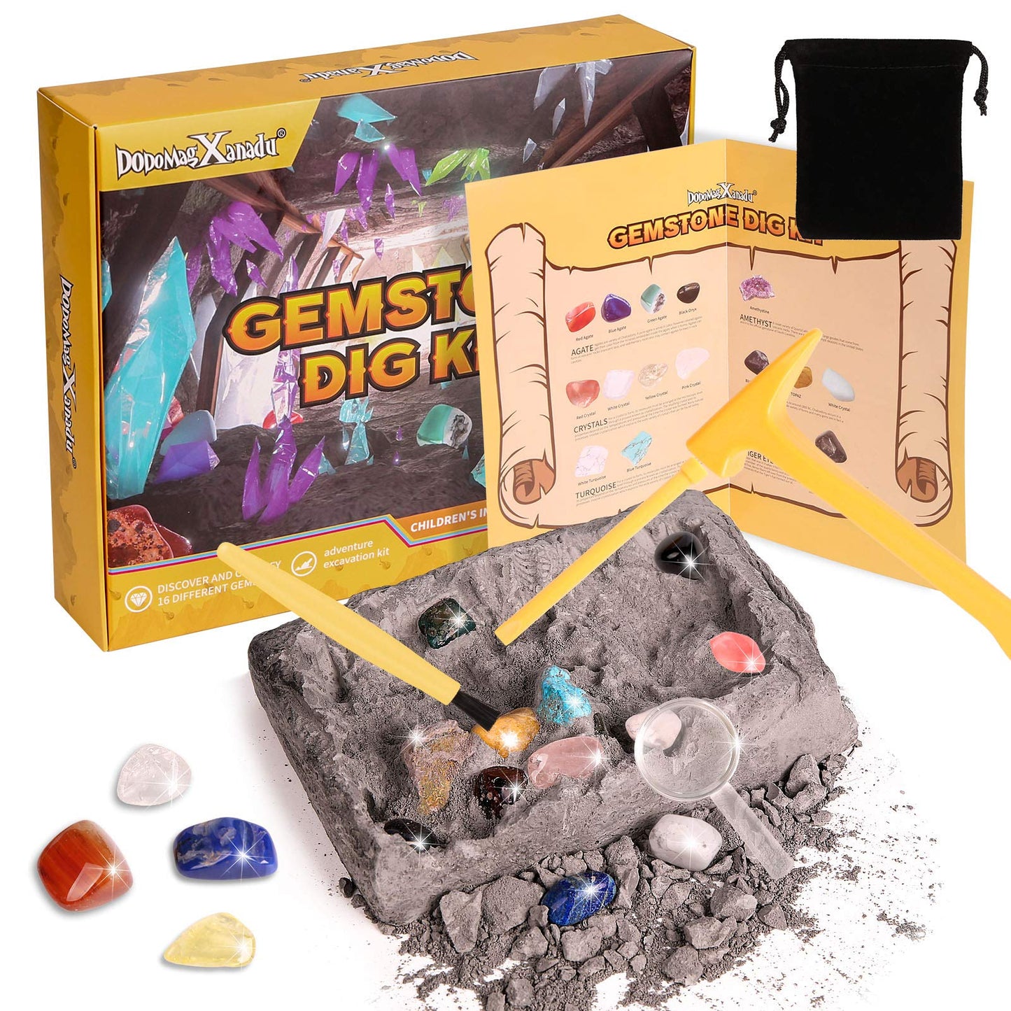 Gemstone Dig Kit, 16 Real Gem Stones and Crystals Excavation Kit, STEM Educational Toys Science Kit for Kids 5-7 8-12, Gem Digging Kit Rock Collection