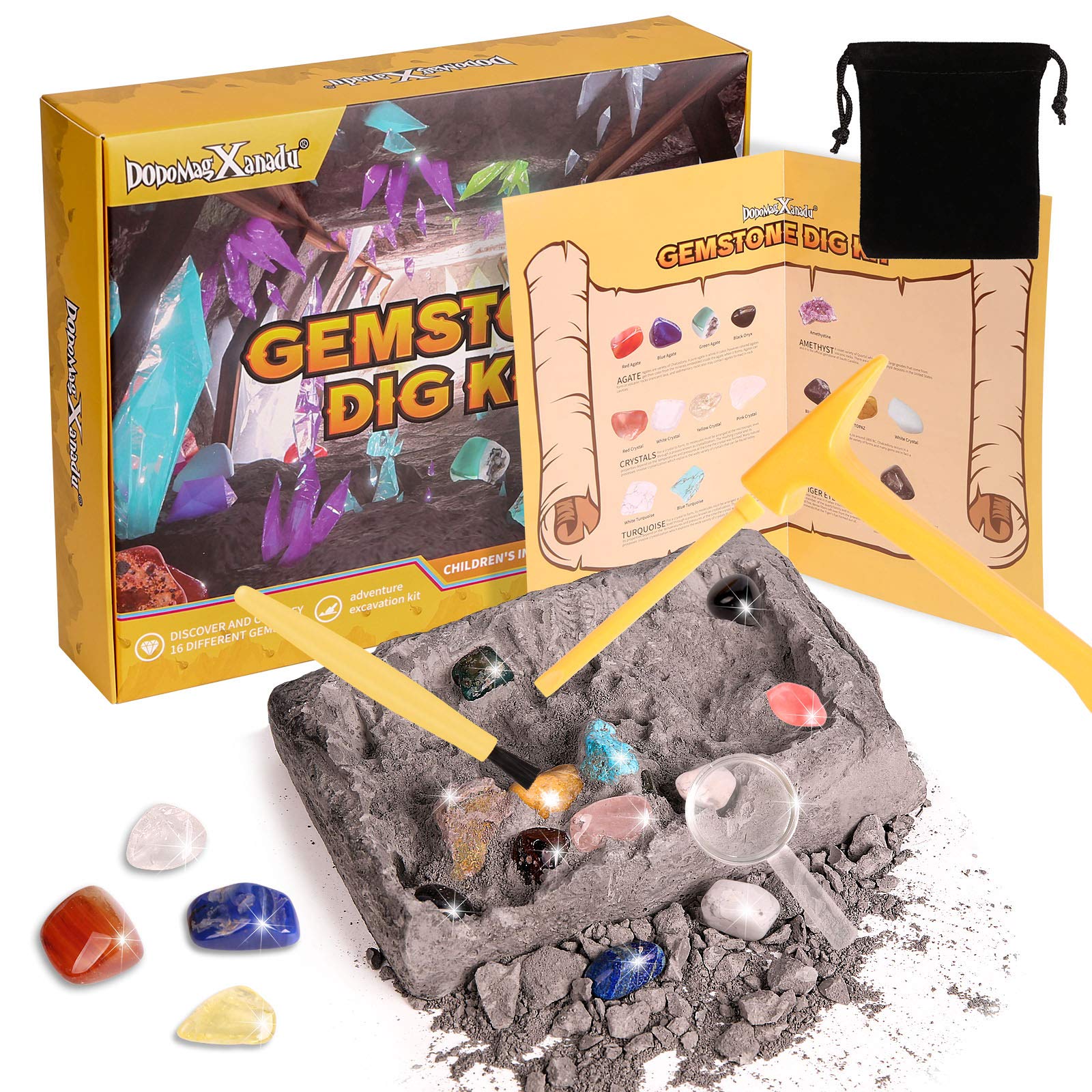 Gemstone Dig Kit, 16 Real Gem Stones and Crystals Excavation Kit, STEM Educational Toys Science Kit for Kids 5-7 8-12, Gem Digging Kit Rock Collection