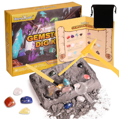 Gemstone Dig Kit, 16 Real Gem Stones and Crystals Excavation Kit, STEM Educational Toys Science Kit for Kids 5-7 8-12, Gem Digging Kit Rock Collection