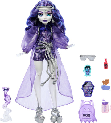 Monster High Spectra Vondergeist Doll with Pet Ferret Rhuen and Accessories Like Backpack, Tablet, Snacks and More