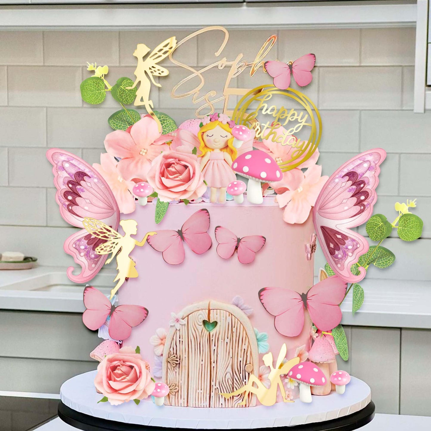 Fairy Cake Toppers Pink Mushroom Flowers Butterfly Cake Decorations for Fairy Spring Garden Birthday Supplies
