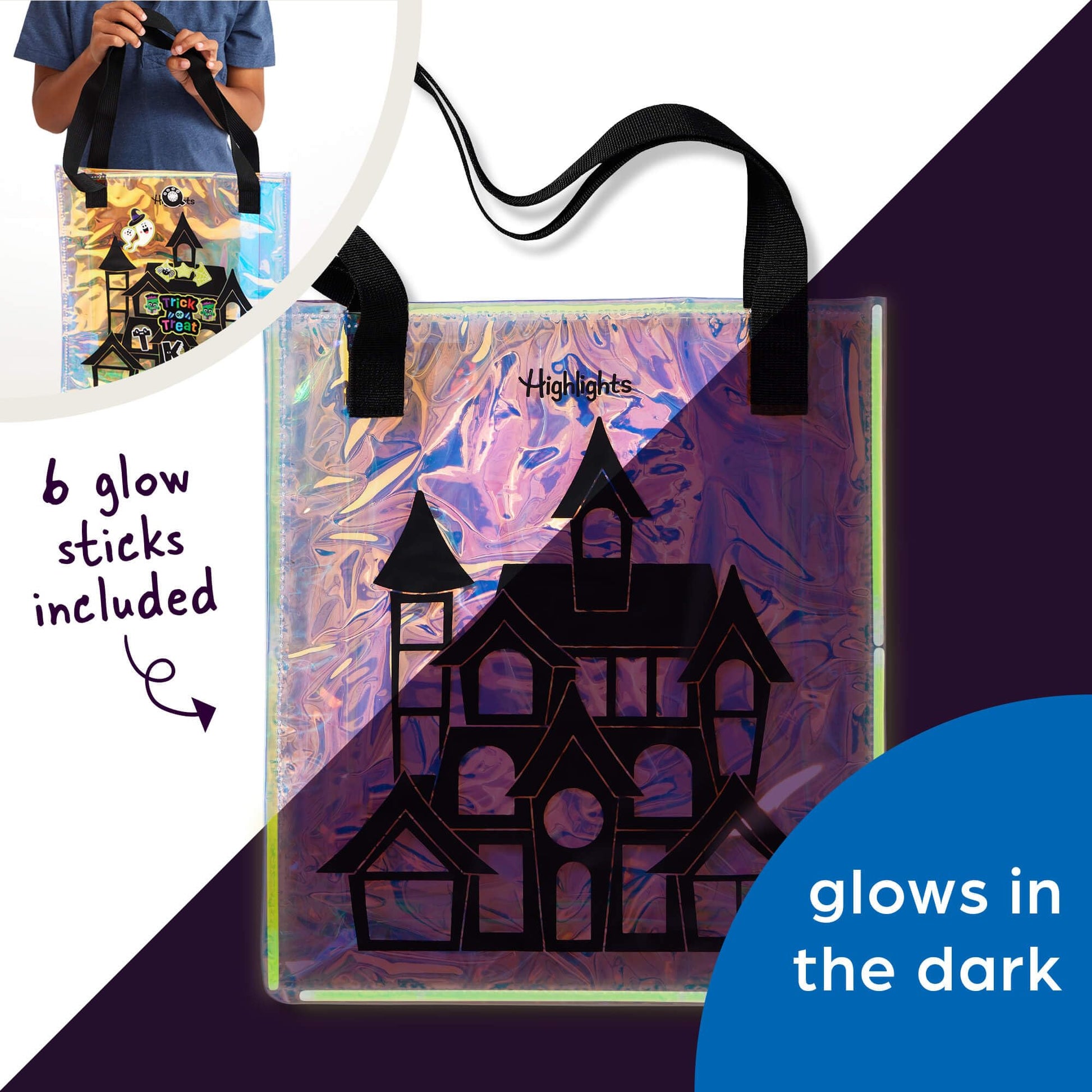 Highlights Halloween Craft and Book Bundle for Kids Ages 3-6, Customize a Glow-in-The-Dark Trick-or-Treat Tote Bag, Halloween Puffy Sticker Playscenes