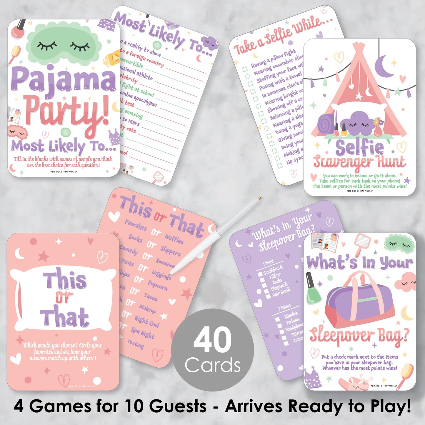 Big Dot of Happiness Pajama Slumber Party - Sleepover Activities & Games for 4 Girls, Birthday Party Group Games, Gamerific Bundle for Kids Parties