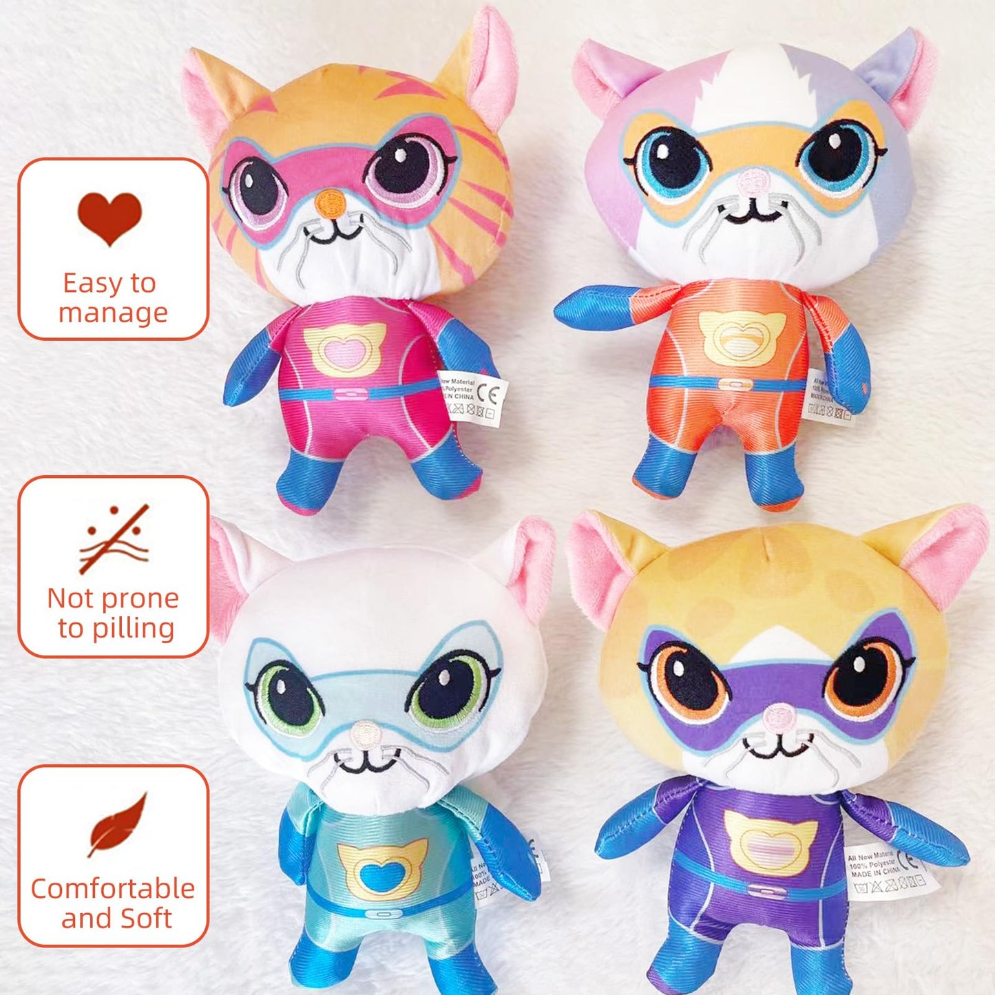 YXCTZKVX Super Cat Plush Toy - Set of 4 Soft Stuffed Animals - Sparks, Buddy, Ginny, Bitsy - Adorable Kitties Gift Set for Children(8Inch)