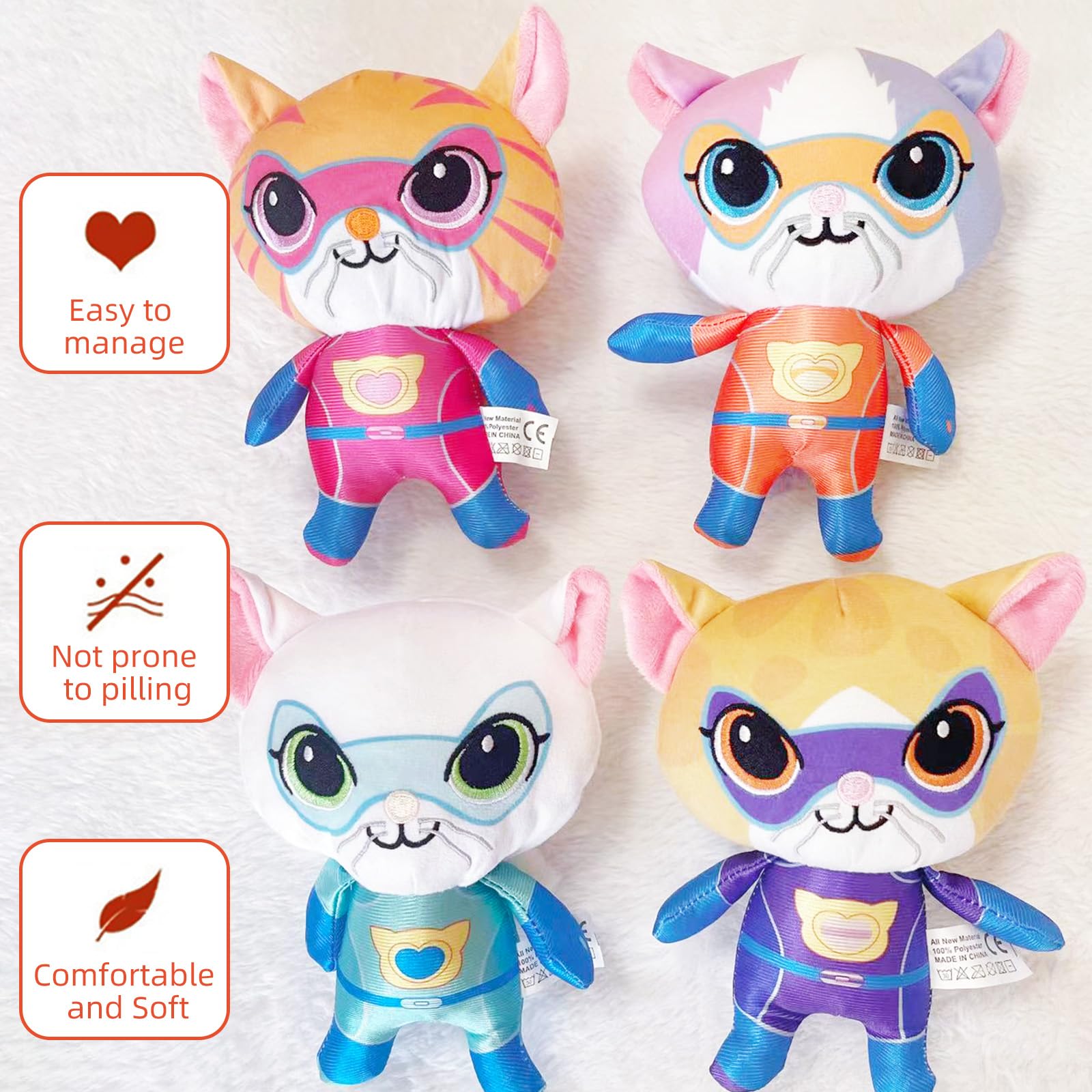 YXCTZKVX Super Cat Plush Toy - Set of 4 Soft Stuffed Animals - Sparks, Buddy, Ginny, Bitsy - Adorable Kitties Gift Set for Children(8Inch)
