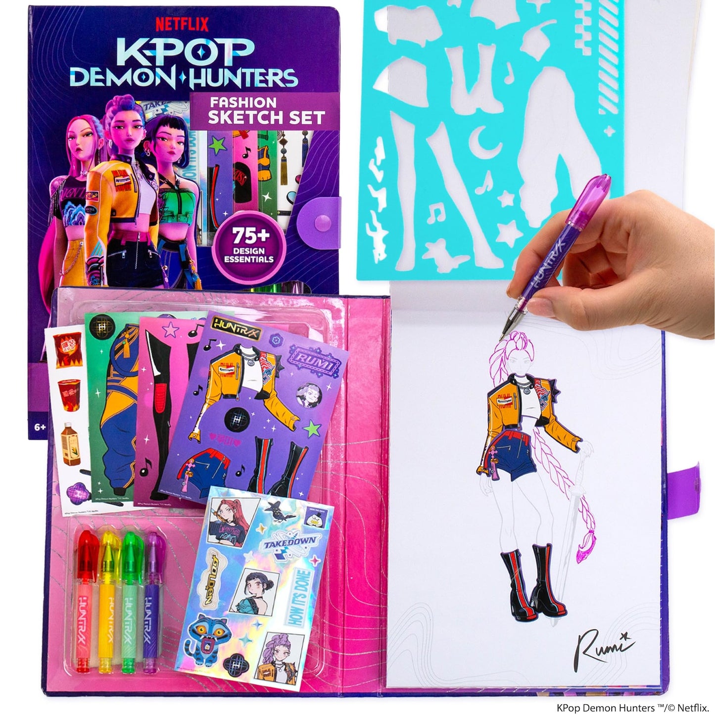 Kpop Demon Hunters™ Fashion Sketch Set, Includes Coloring Book, Gel Pens, Kpop Demon Hunters Stickers, Stencils & More, Great Girls Toys Age 6-8
