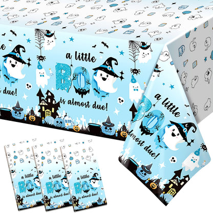 Yavxzvbw 3Pcs A Little Boo is Almost Due Baby Shower Boy Halloween Tablecloth Little Boo Baby Shower Decorations Boy for Blue Halloween Baby Shower