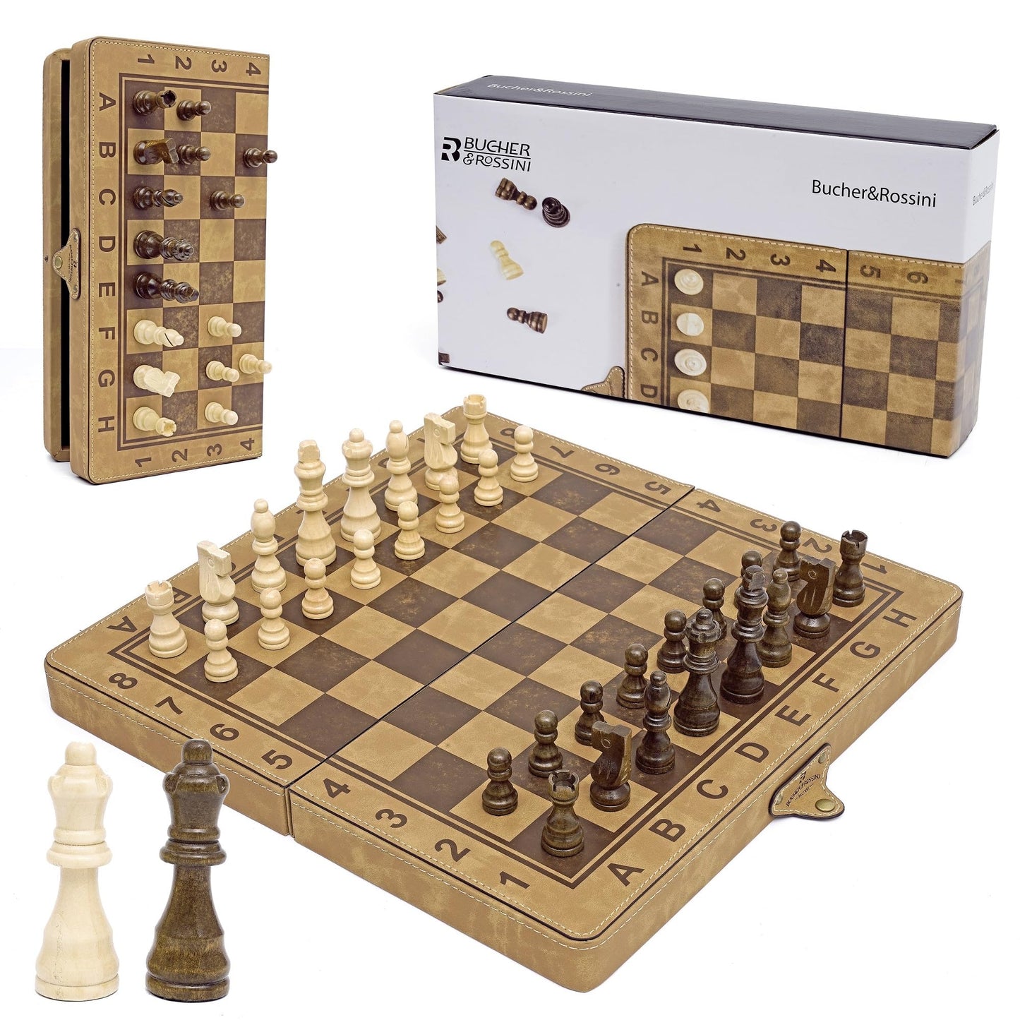 Bucher & Rossini 15-Inch Magnetic Chess Set, Faux Leather Foldable Board with Storage Compartments, Travel Chess Game Set - Classic Board Game