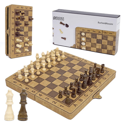 Bucher & Rossini 15-Inch Magnetic Chess Set, Faux Leather Foldable Board with Storage Compartments, Travel Chess Game Set - Classic Board Game