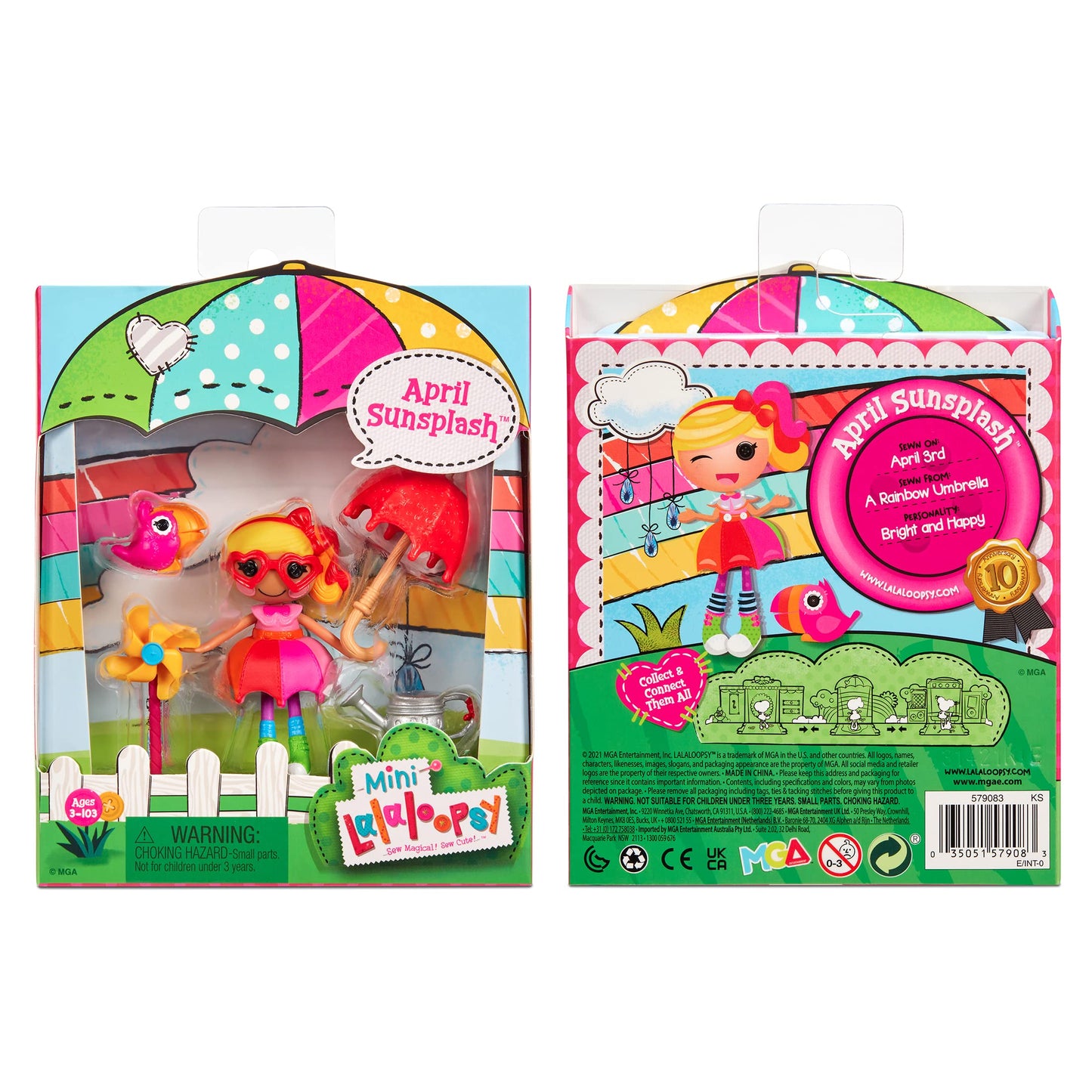 Lalaloopsy Mini Doll - April Sunsplash with Mini Pet Toucan, 3" Colorful Doll with Umbrella, Watering can & More Accessories in Reusable Package