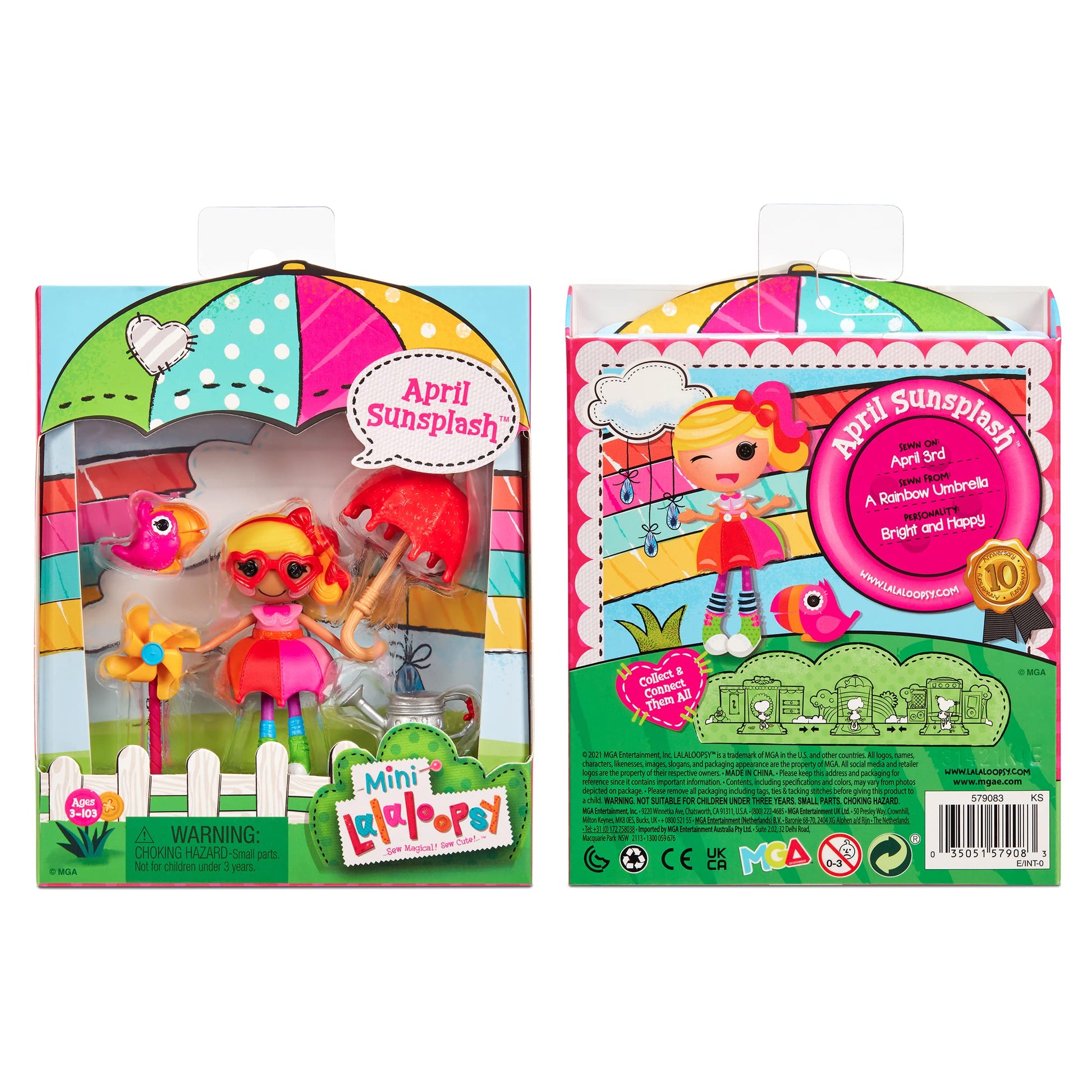 Lalaloopsy Mini Doll - April Sunsplash with Mini Pet Toucan, 3" Colorful Doll with Umbrella, Watering can & More Accessories in Reusable Package