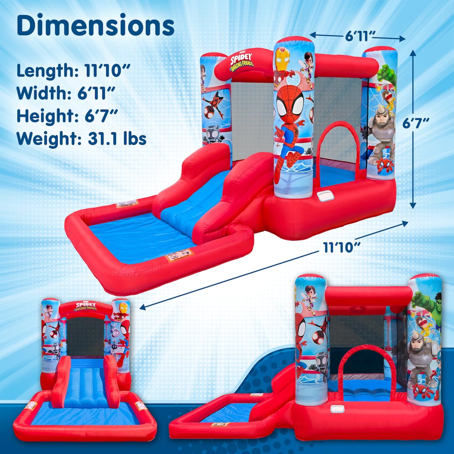 Funormous Spidey & Friends Bounce House Water Slide with Pool & Ball Pit, Inflatable Bouncer for Kids Ages 3-8 with Basketball Hoop, Water Misting