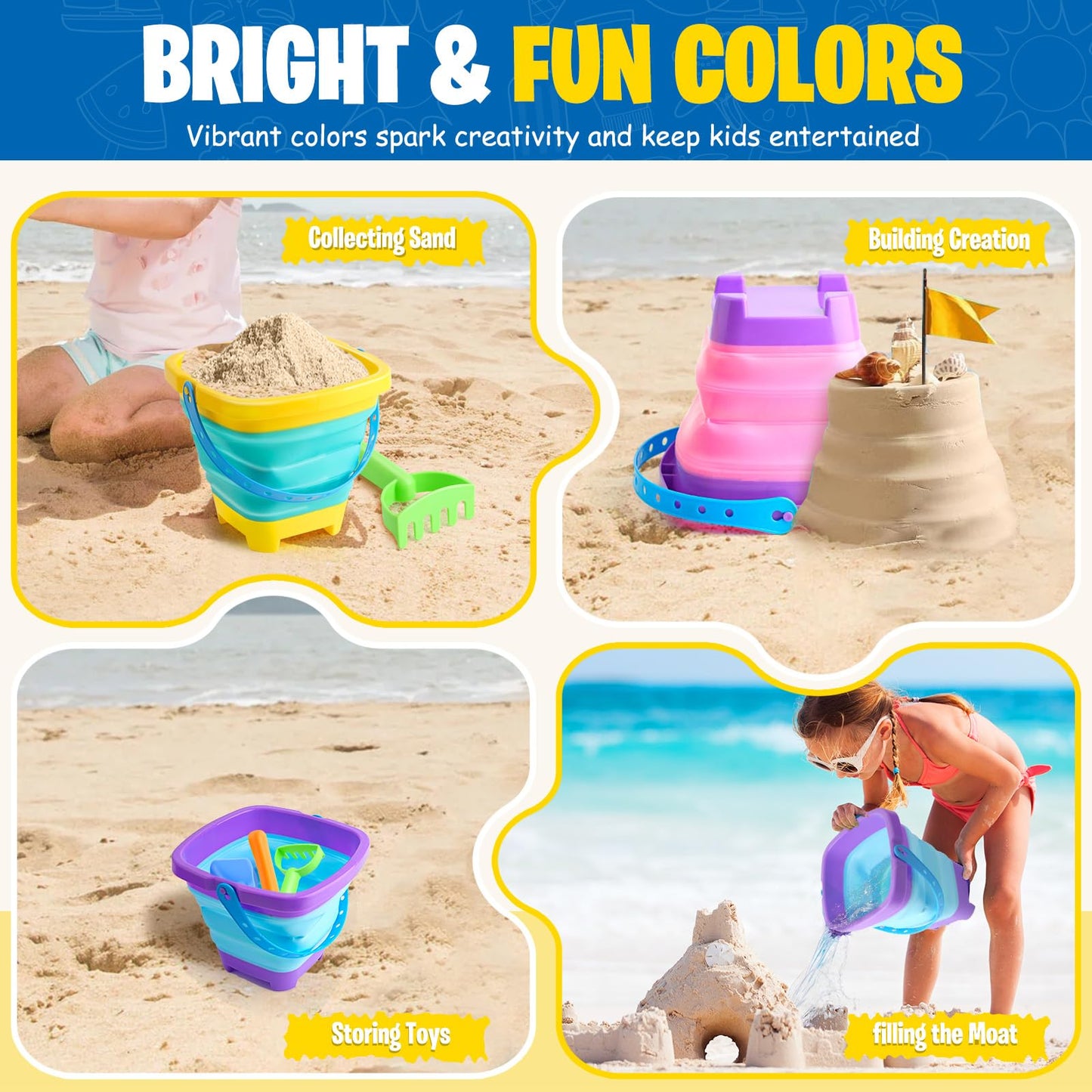 Beach Toys Collapsible Sand Toys 6 PCS Sand Buckets Set for Beach, Pool