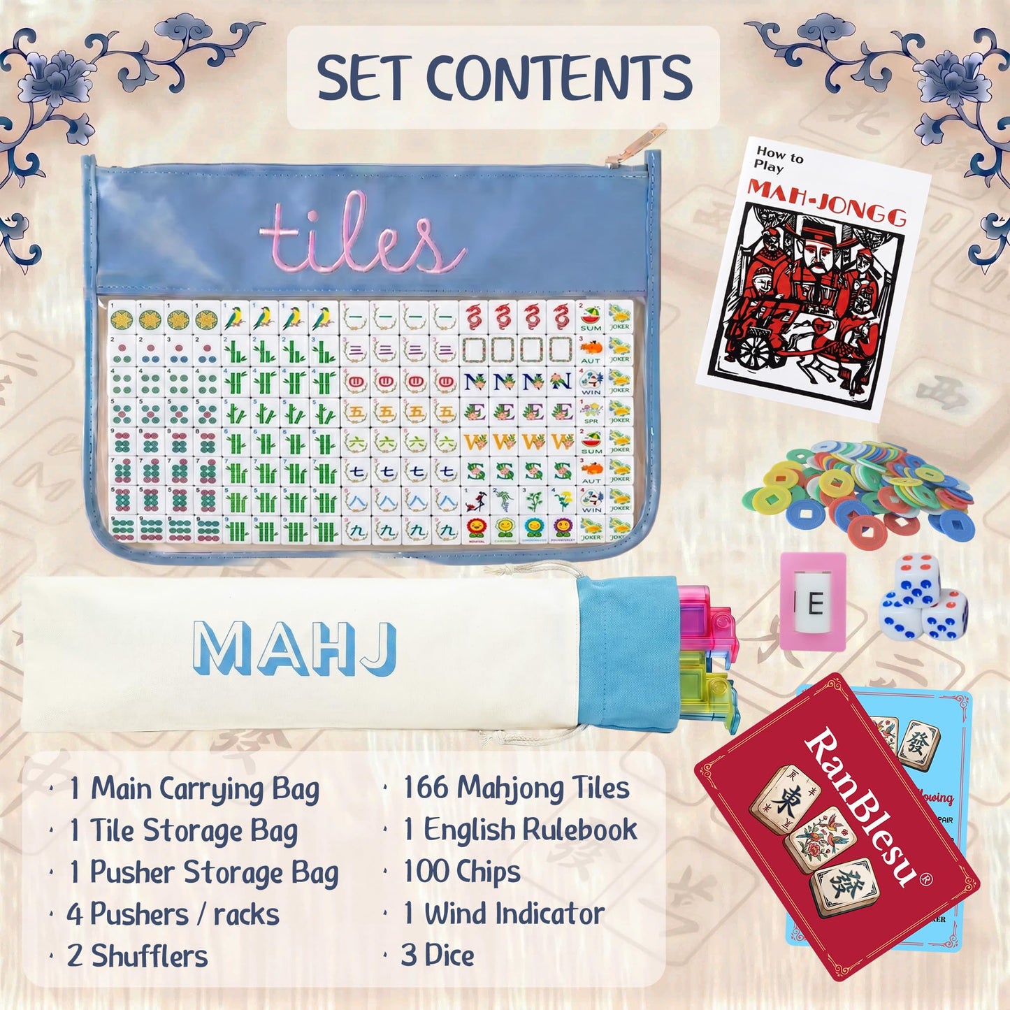 RanBlesu American Mahjong Tile Set, 166 Premium Blue Tiles, 4 All-in-One Color Racks/Pushers, Mahjong Accessories Mahjong Set Complete with Bag (Ma